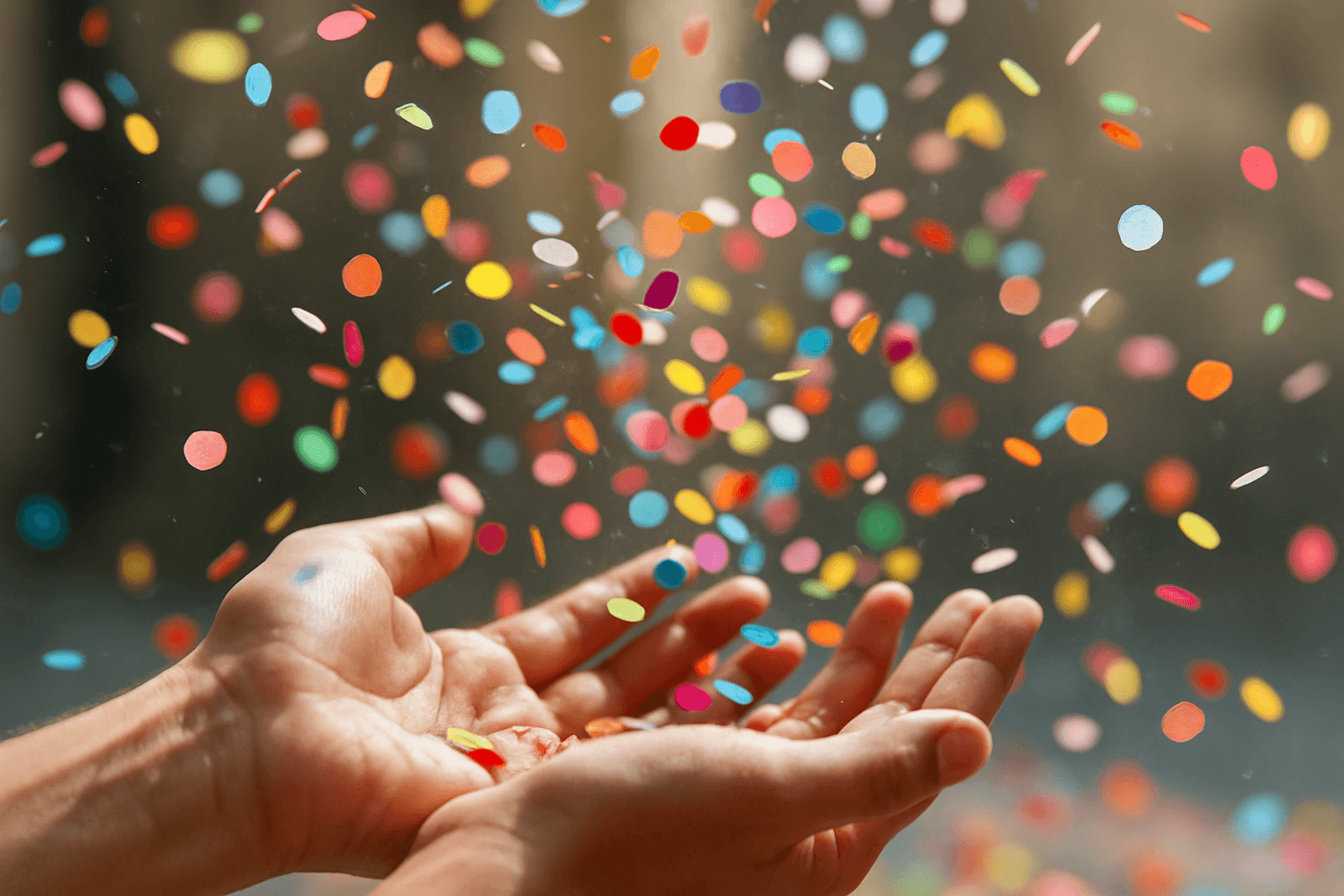 Hands releasing colorful confetti into the air, creating a festive atmosphere.