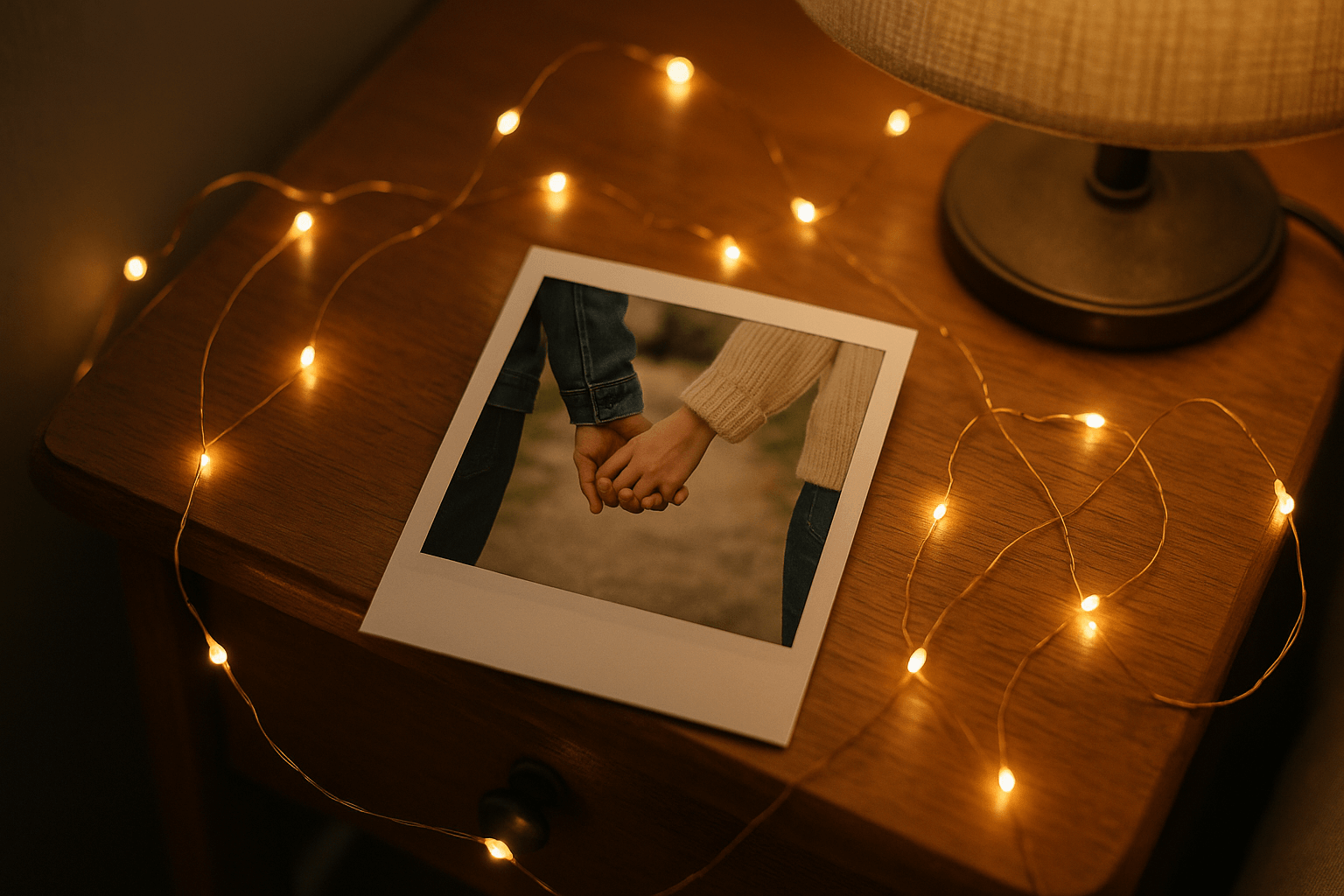A couple holding hands in a Polaroid photo, placed on a bedside table with fairy lights