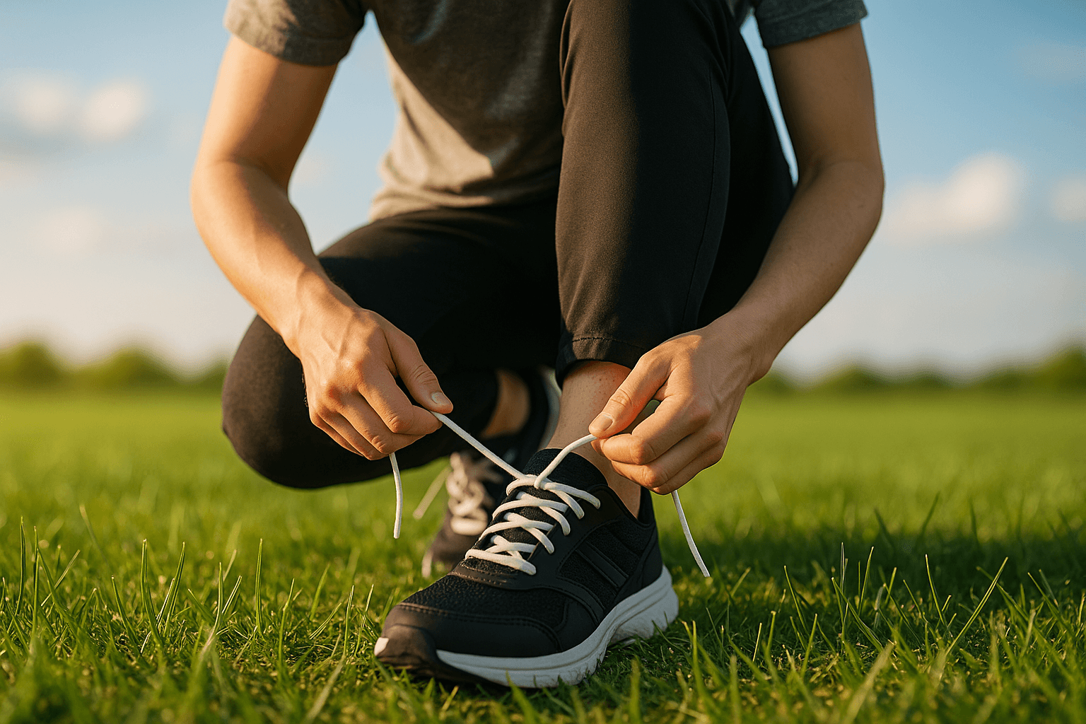 A person tying shoelaces on sneakers, ready to go, with green grass and bright sky in the background