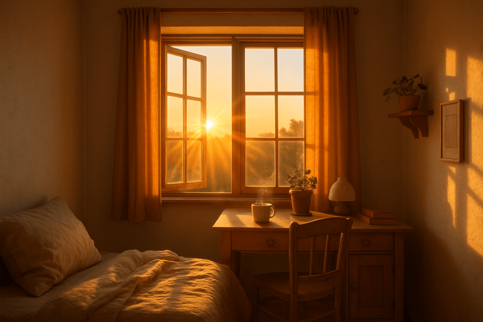 A bright sunrise illuminates a serene bedroom, with sunlight streaming through a window.