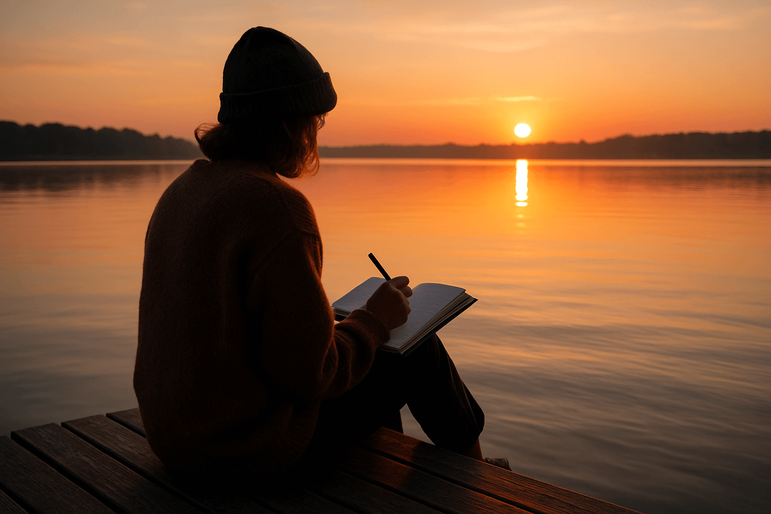A person sits on a dock at sunset, writing in a notebook with a peaceful expression.