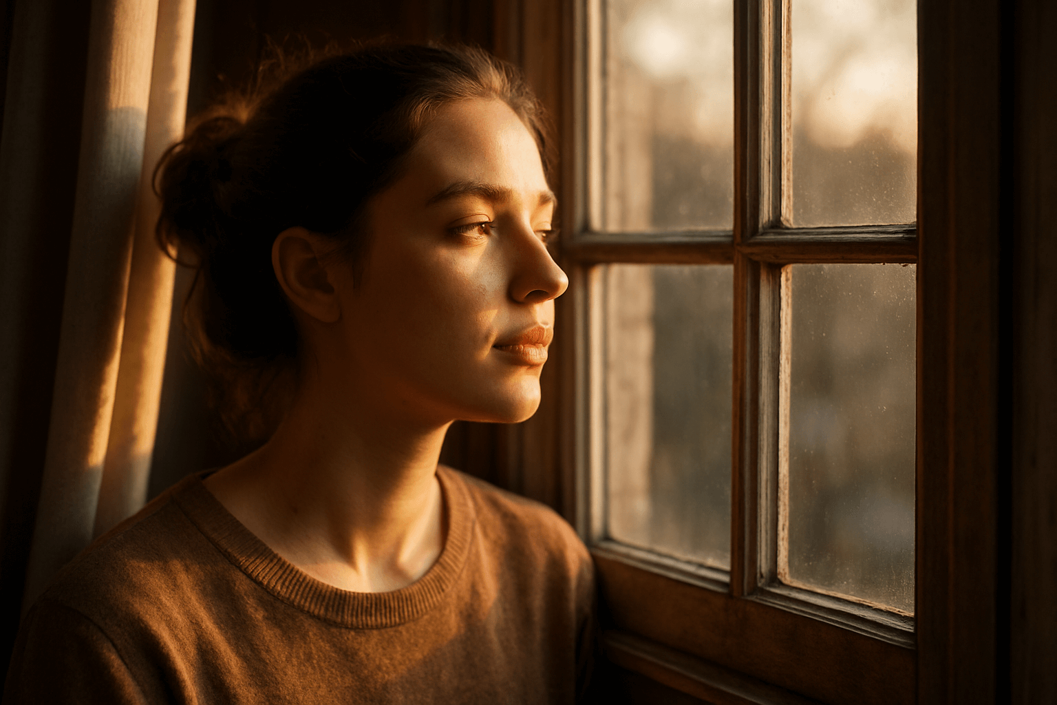 A woman gazes out the window, admiring the vibrant colors of the sunset.