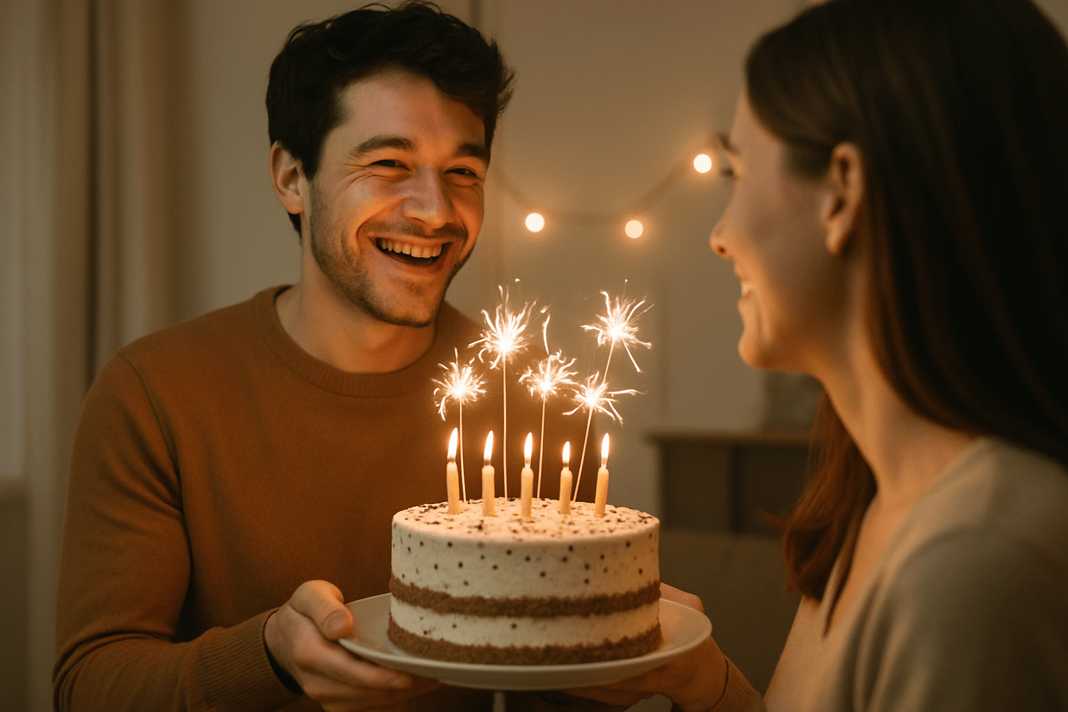 A joyful couple celebrates their birthday with sparklers, surrounded by a cheerful and festive ambiance.