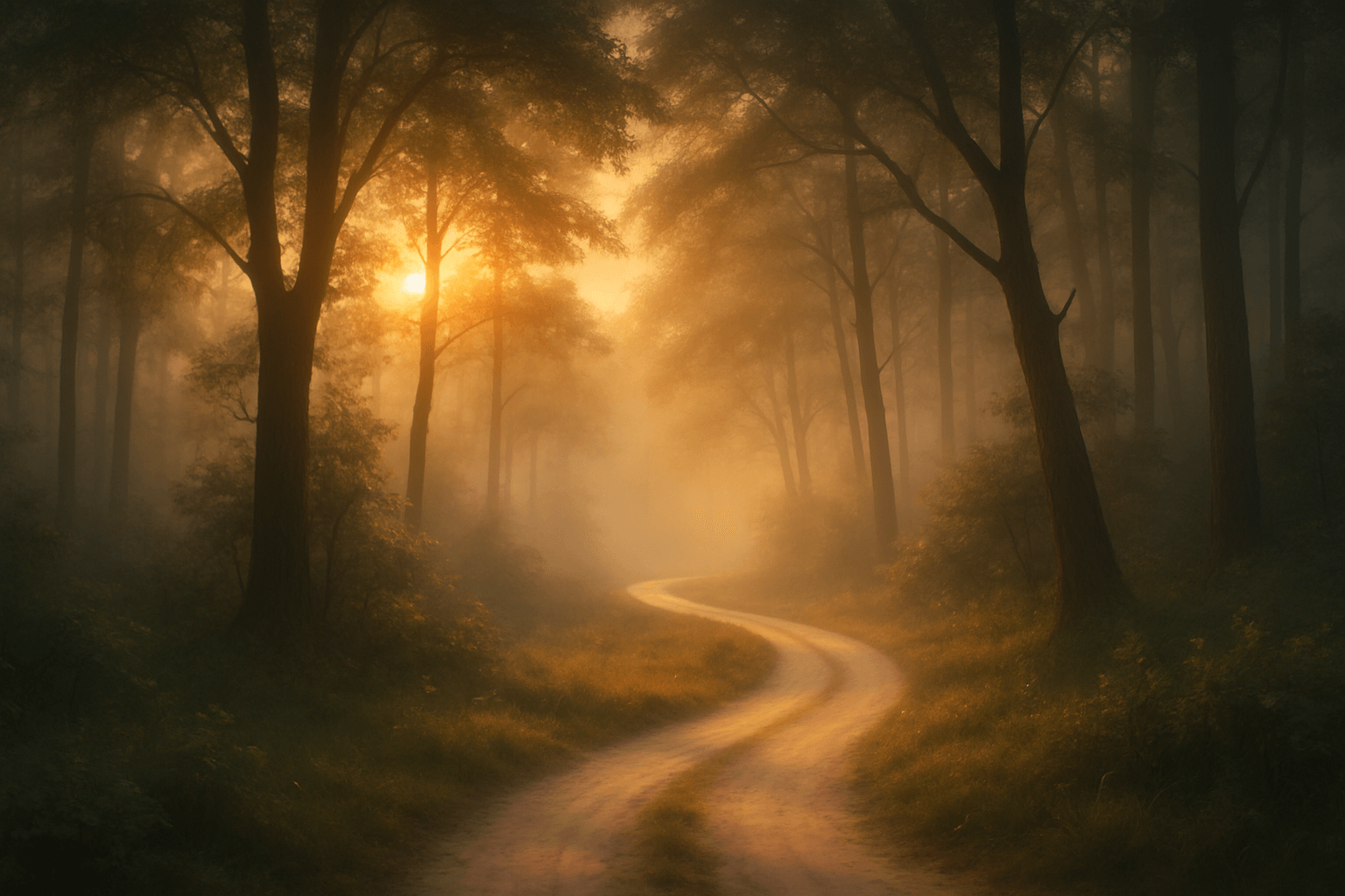 A sunlit road winding through a forest, with sunlight filtering through the trees.
