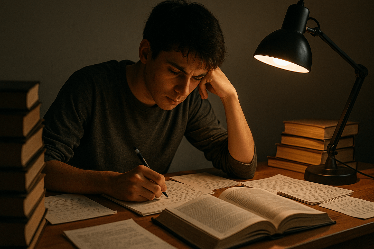 A man sits at a desk with a book open and a lamp illuminating his workspace.