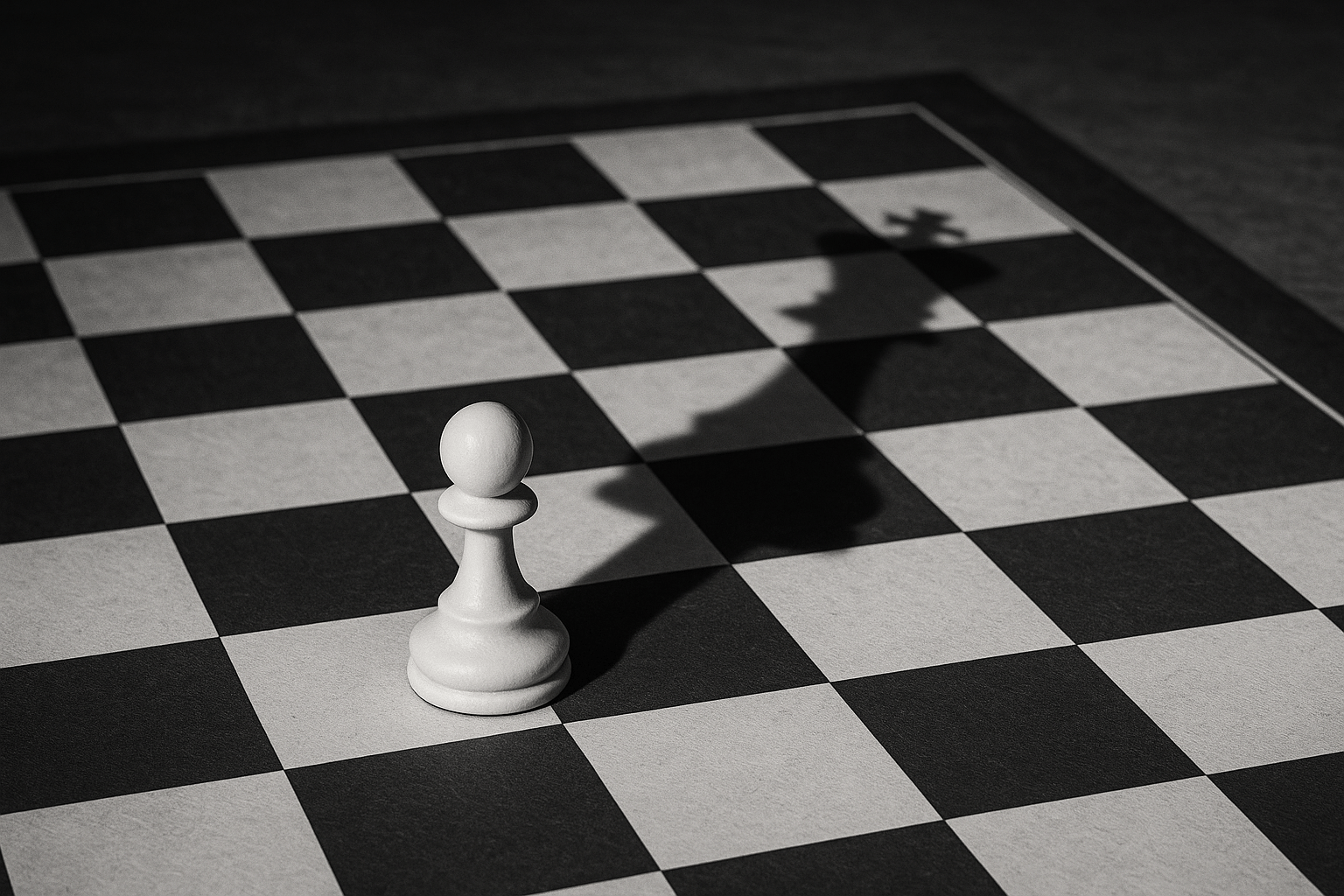 A monochrome image of a chess board featuring various chess pieces.