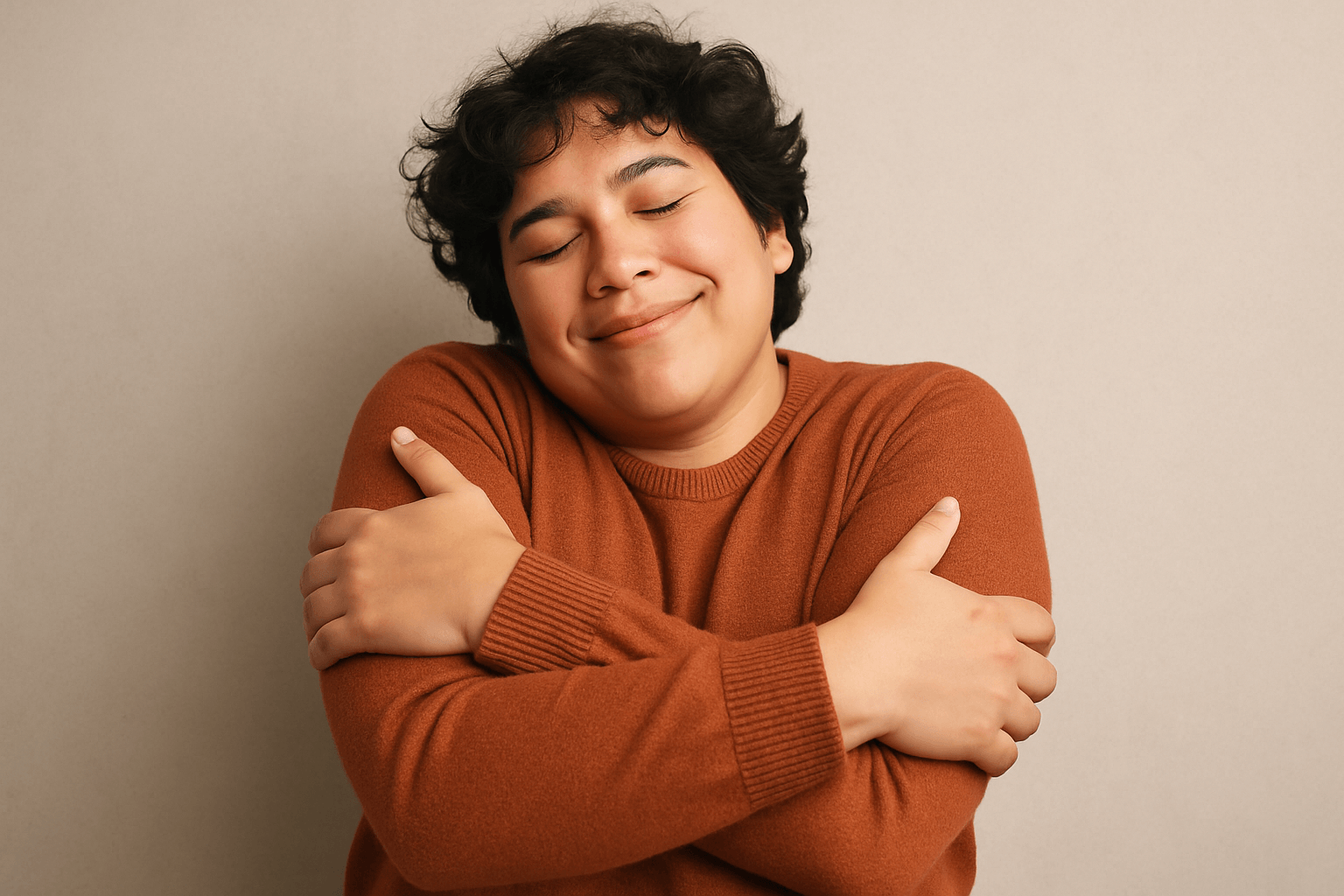 A smiling young man embraces himself, looking cheerful and content.