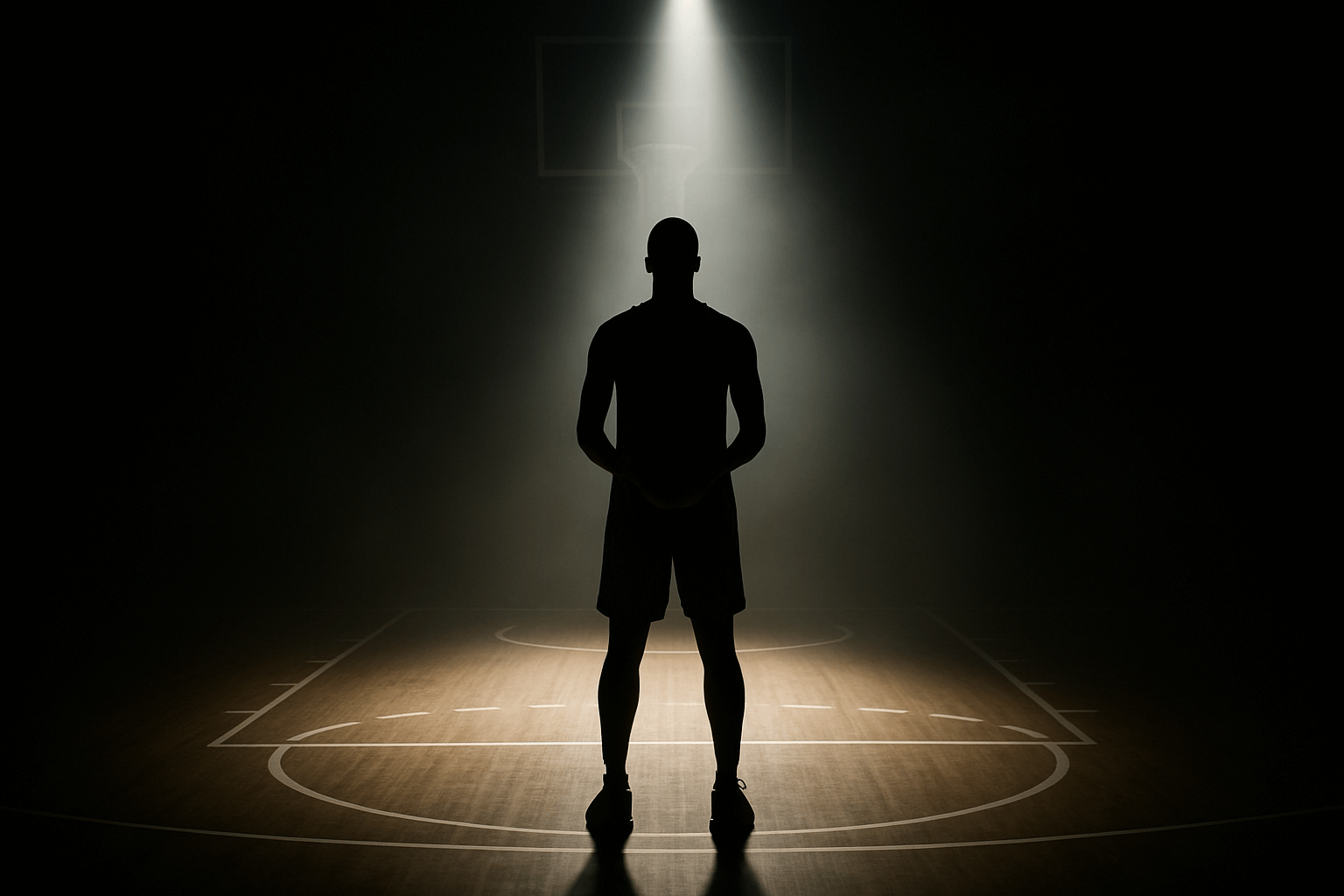 Silhouette of a basketball player on the court, illuminated by a bright light shining down on him.