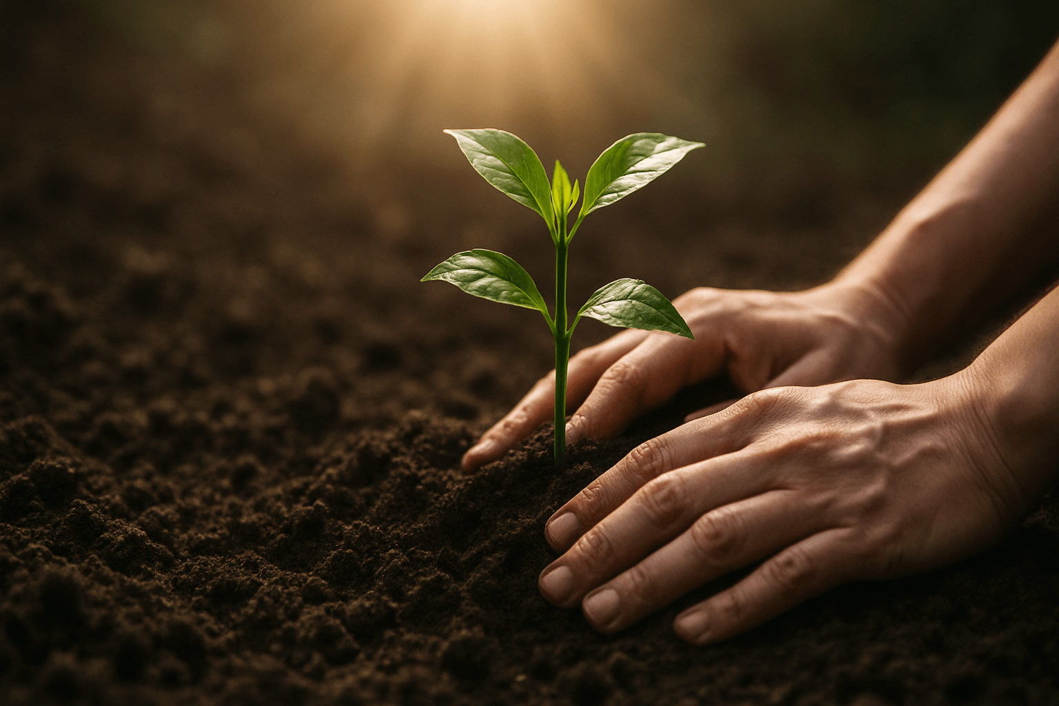 Hands gently planting a young green plant into rich brown soil.