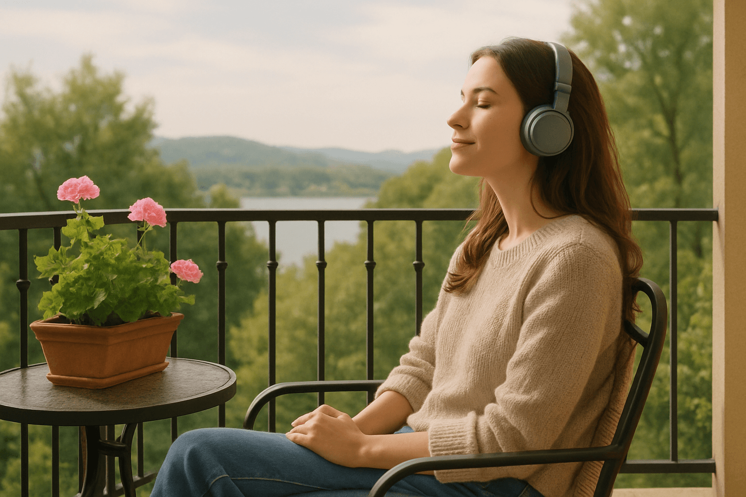 A woman on a balcony, listening to music through her headphones, relaxed and focused.