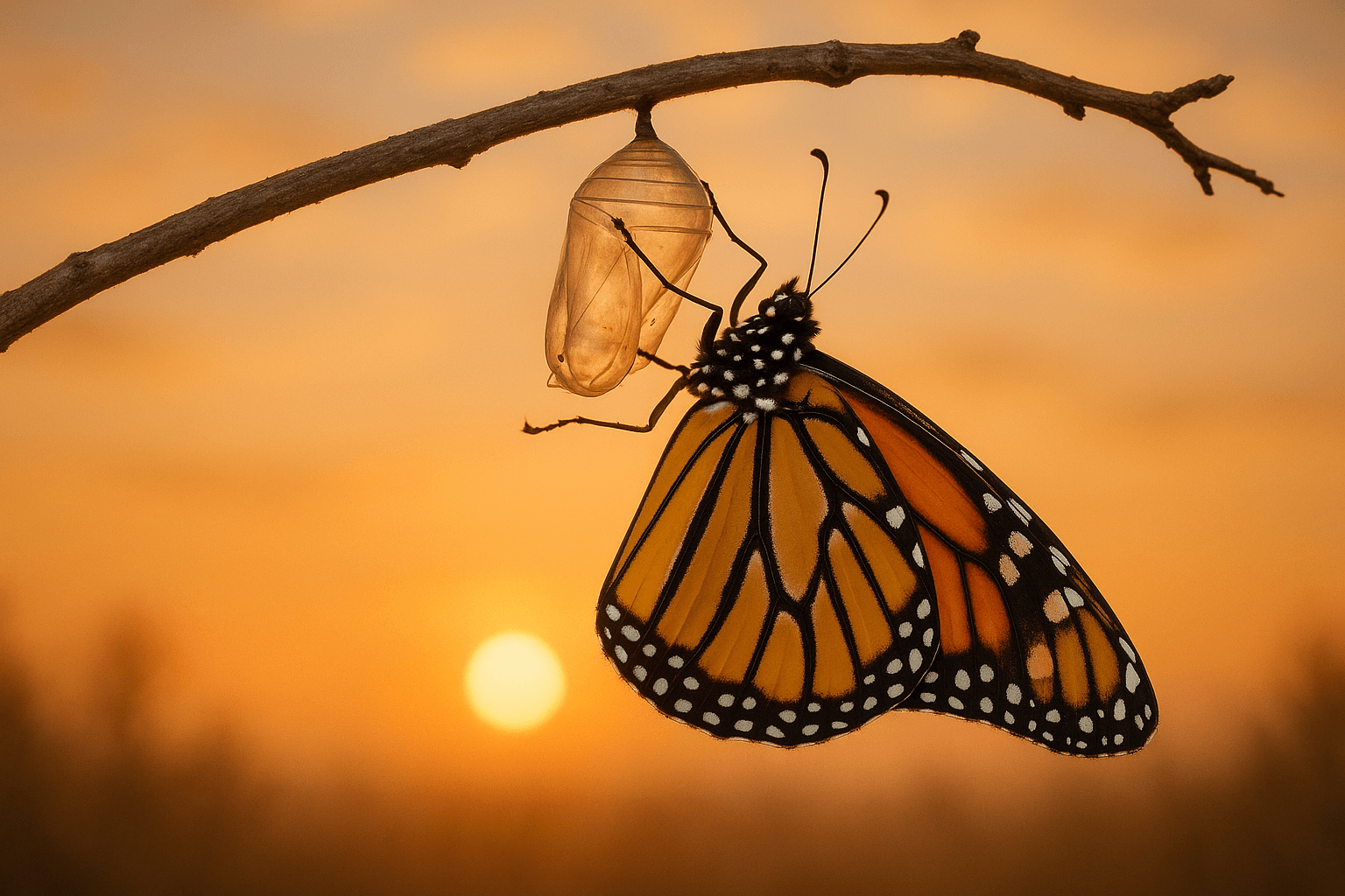 A monarch butterfly breaks free from its chrysalis, revealing bright orange and black wings.