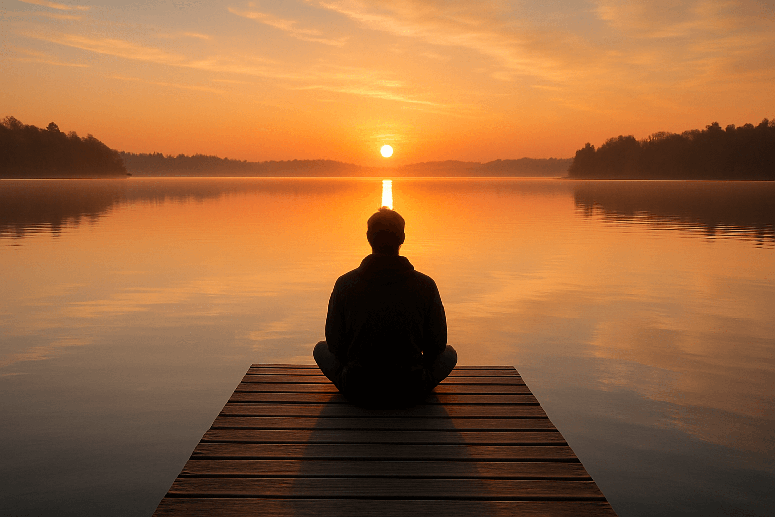  A person sitting on a dock, gazing at a vibrant sunset over the water.
