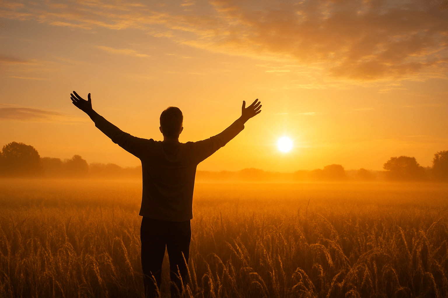 Silhouette of a man in a wheat field at sunset, arms wide open, enjoying the beauty of the golden hour.
