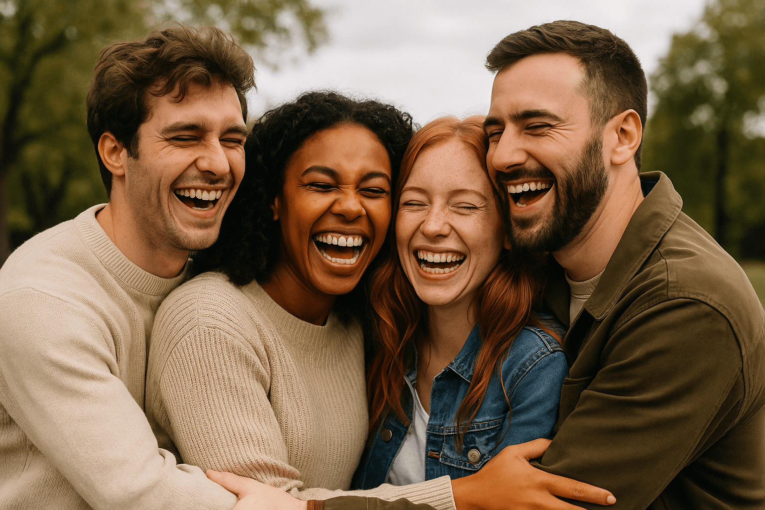 A group of four friends joyfully laughing in a green park, sharing a fun moment together.