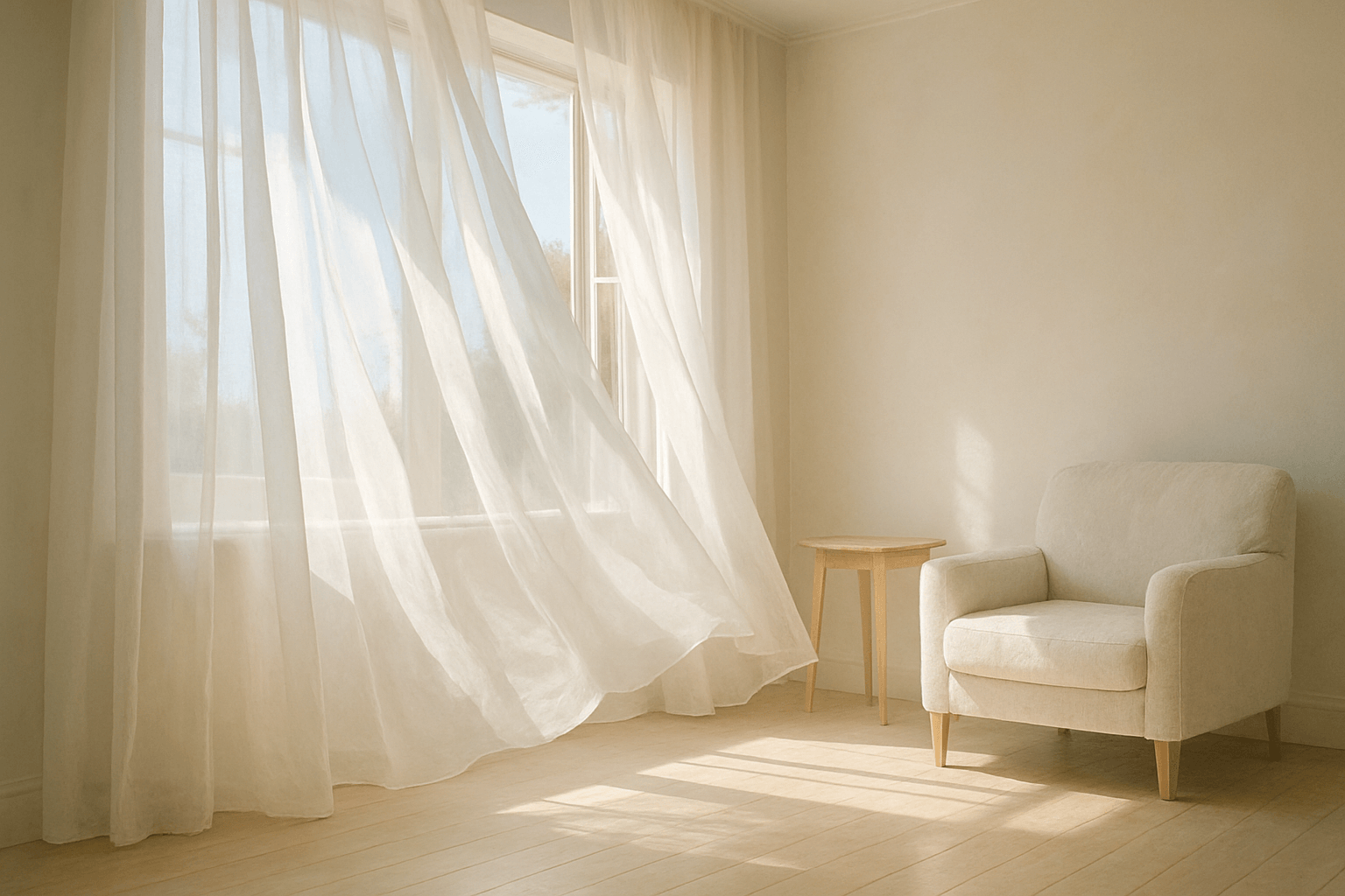 A white chair positioned near a window in a well-lit room, showcasing a simple and modern interior design.