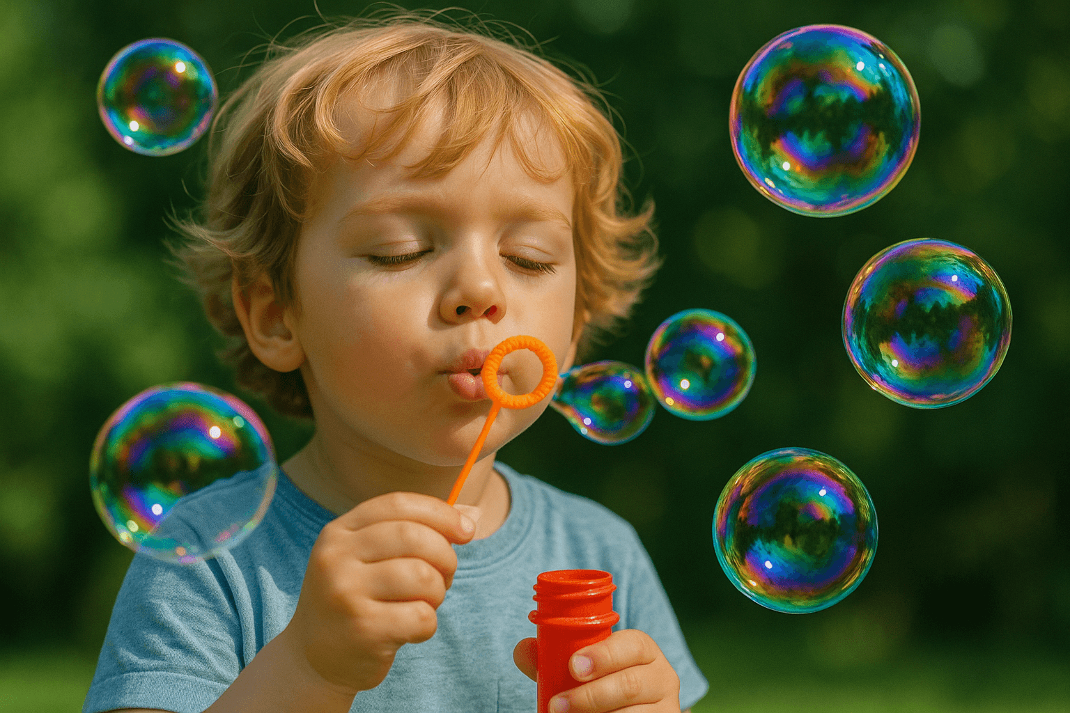 A child blowing bubbles with rainbow reflections floating in the air