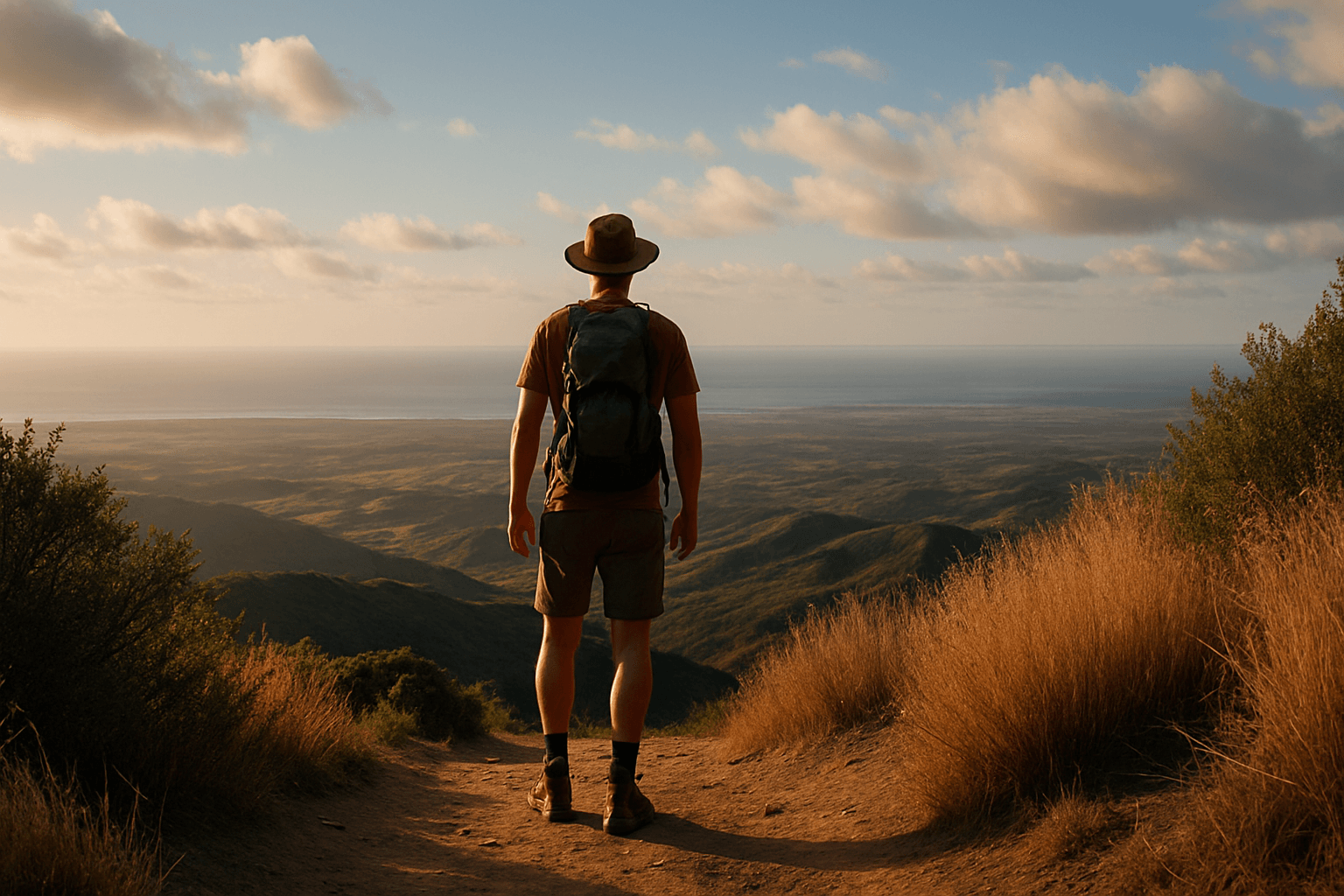  A man with a backpack stands on a scenic trail surrounded by trees and greenery.