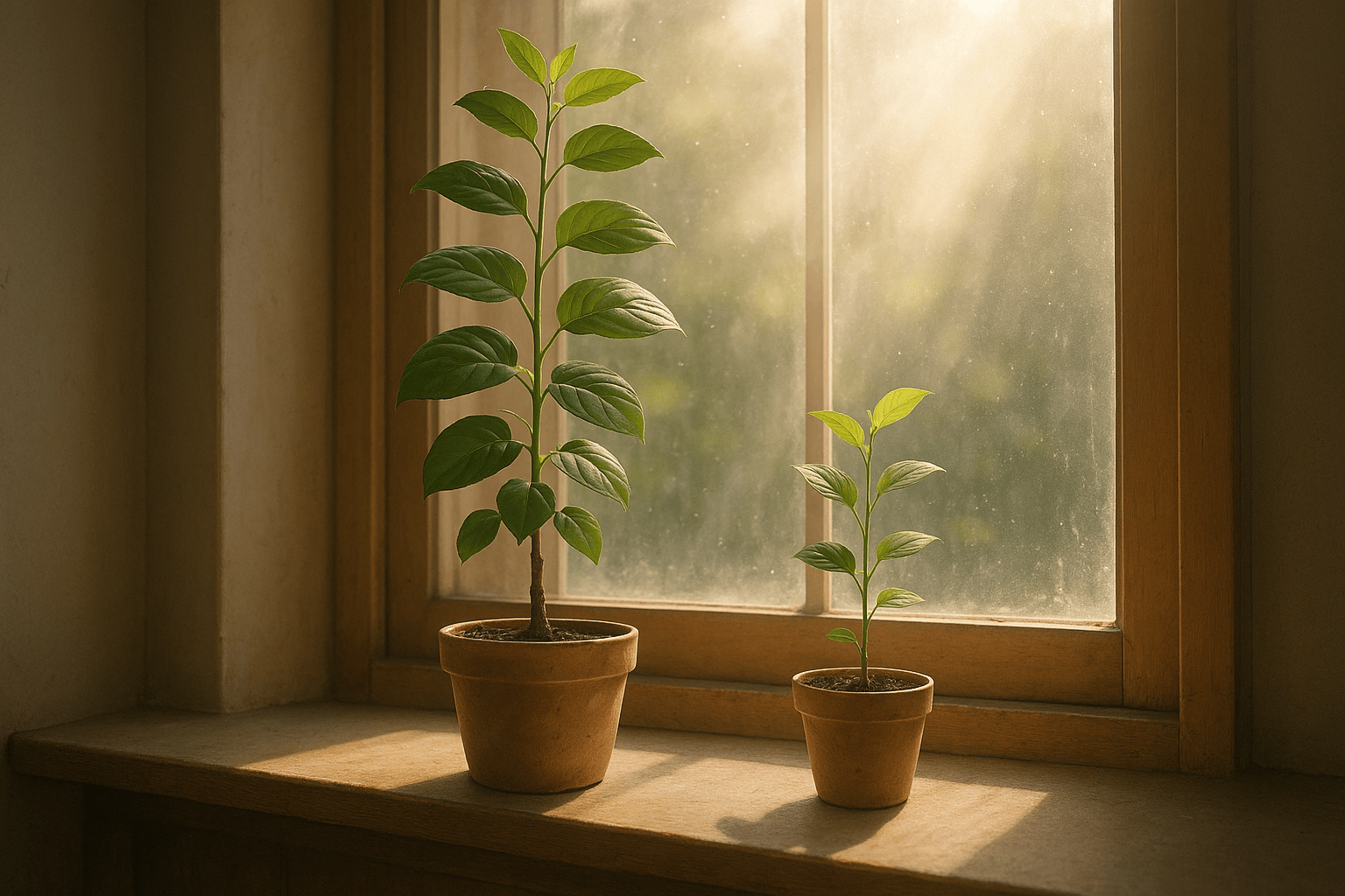 Two vibrant potted plants sit on a window sill, bringing a touch of nature indoors.