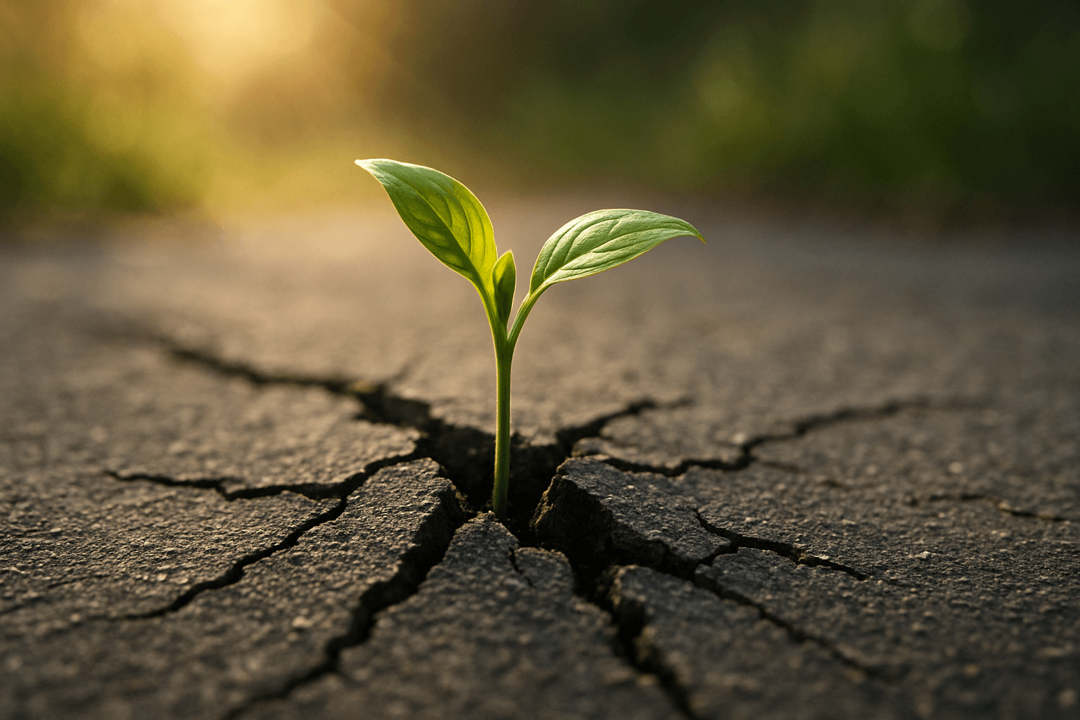 A tiny plant grows through a crack in the asphalt, illustrating nature's persistence in a concrete landscape.