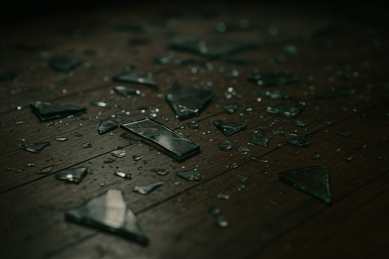 Broken glass scattered across a wooden floor, reflecting light and creating a hazardous environment.