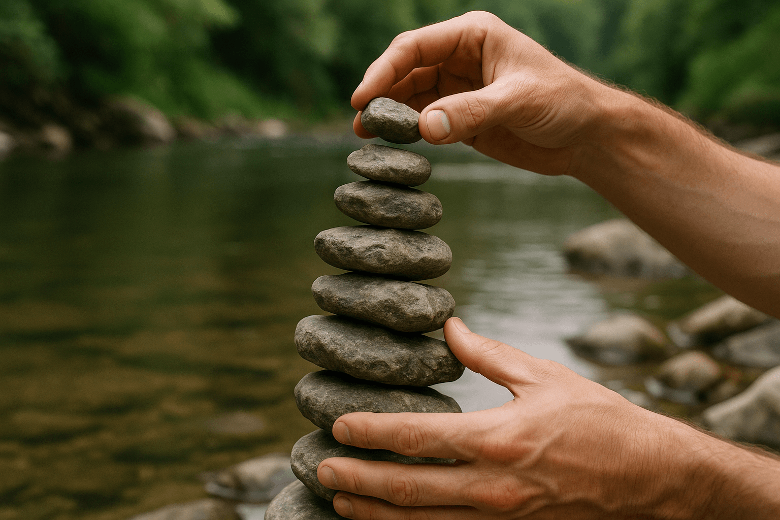  A person carefully stacking smooth rocks in a balanced formation outdoors.