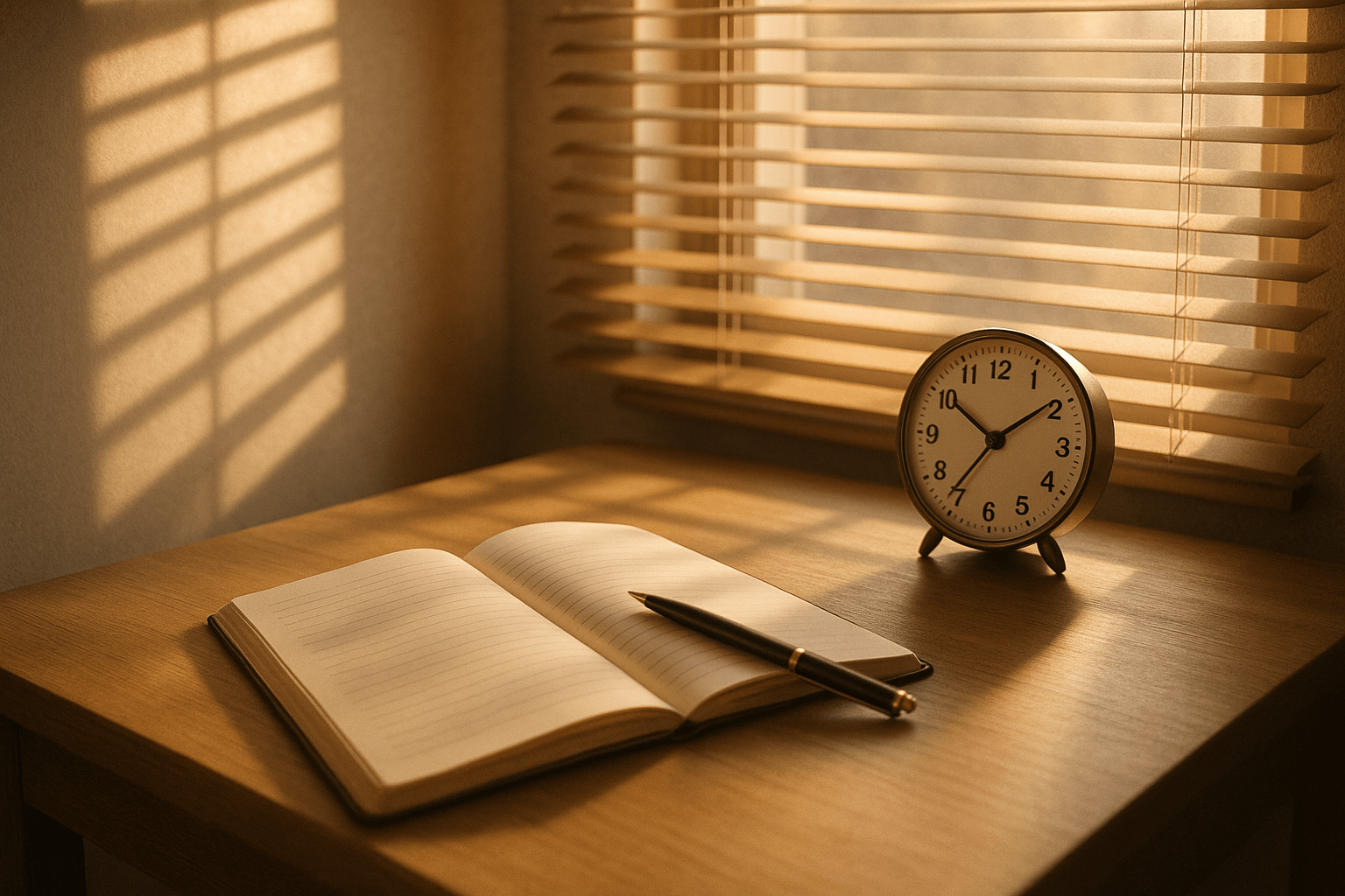 A round clock and a closed book placed on a table, indicating a moment of study or reflection.