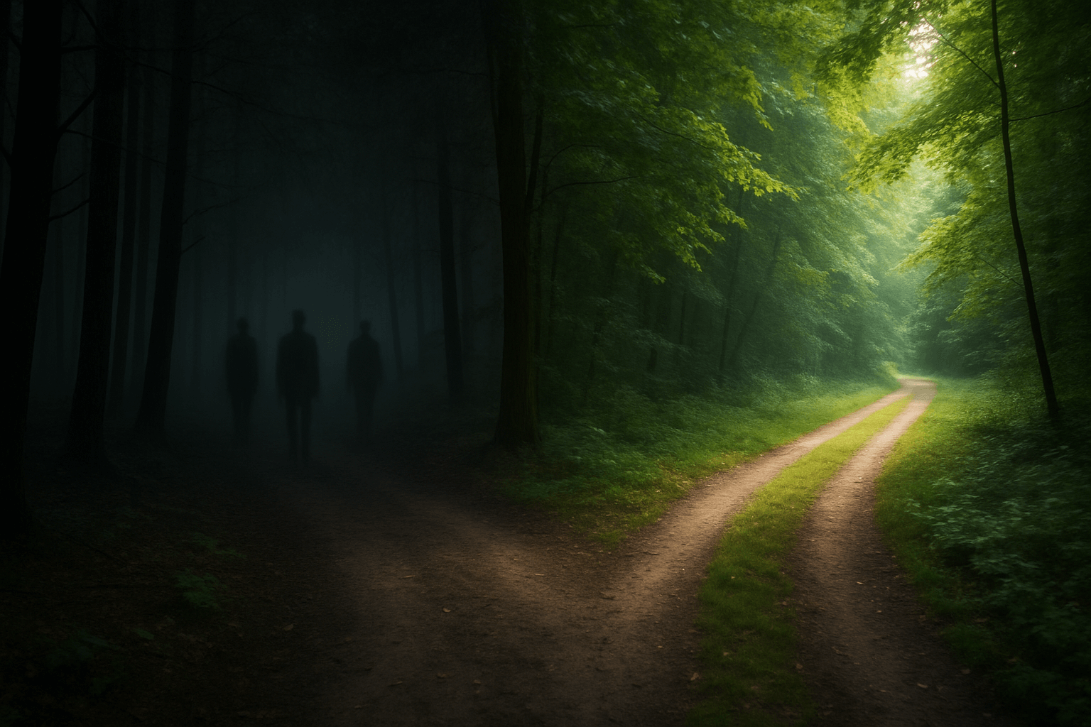 Two paths splitting in a forest—one dark with shadowy figures, the other bright and peaceful.