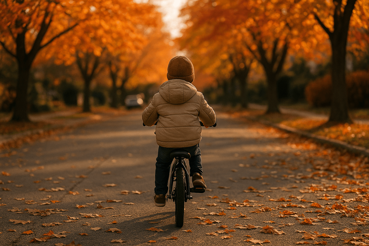  A child rides a bike down a road lined with colorful fall leaves.