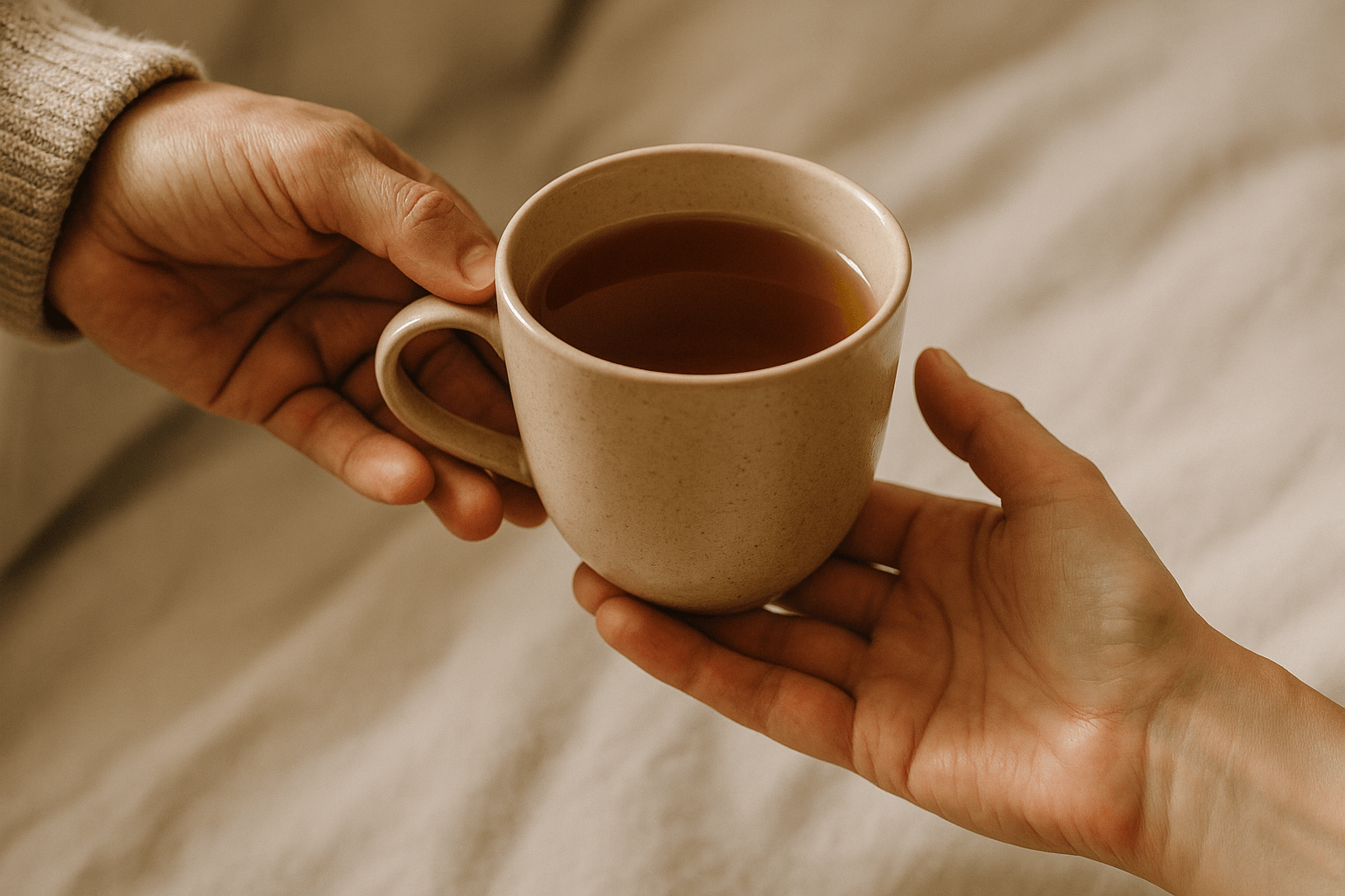 A person with a cup of tea, conveying a sense of calm and enjoyment.