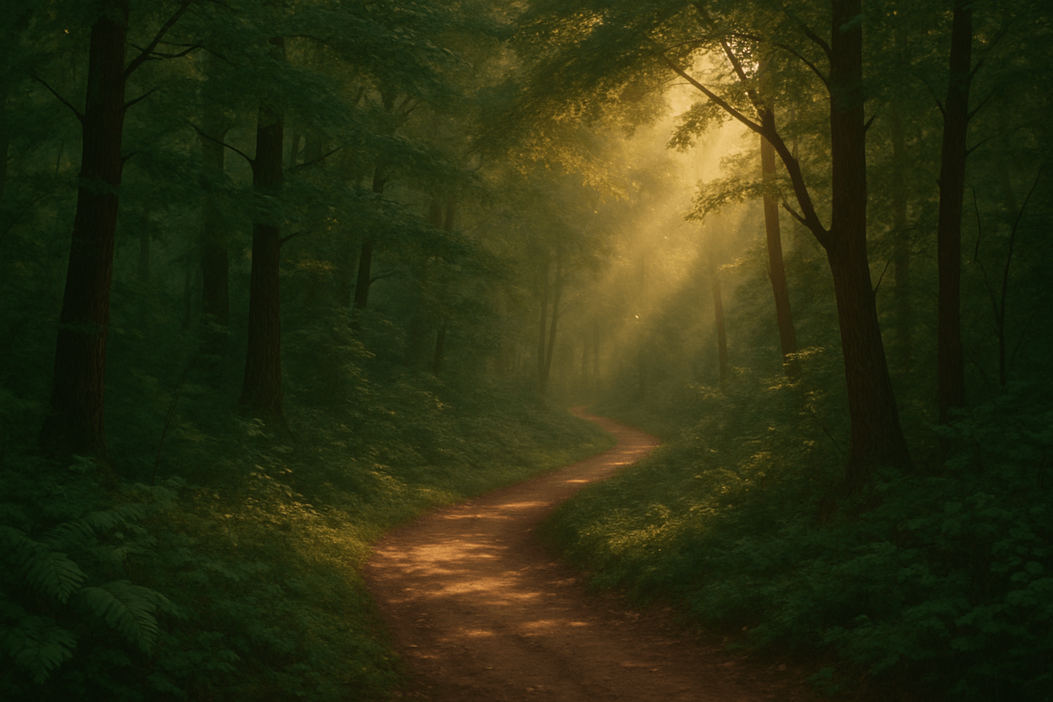 A sunlit path winding through a forest, with light filtering through the trees' leaves.