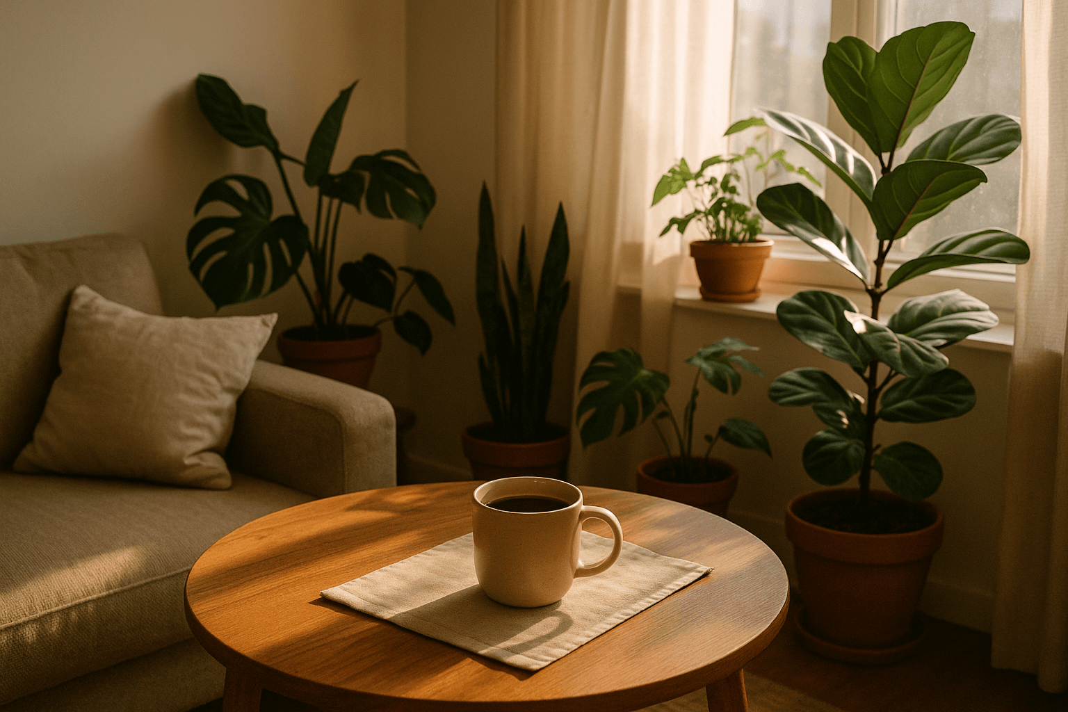 A coffee cup on a table beside a cozy couch in a living room setting.