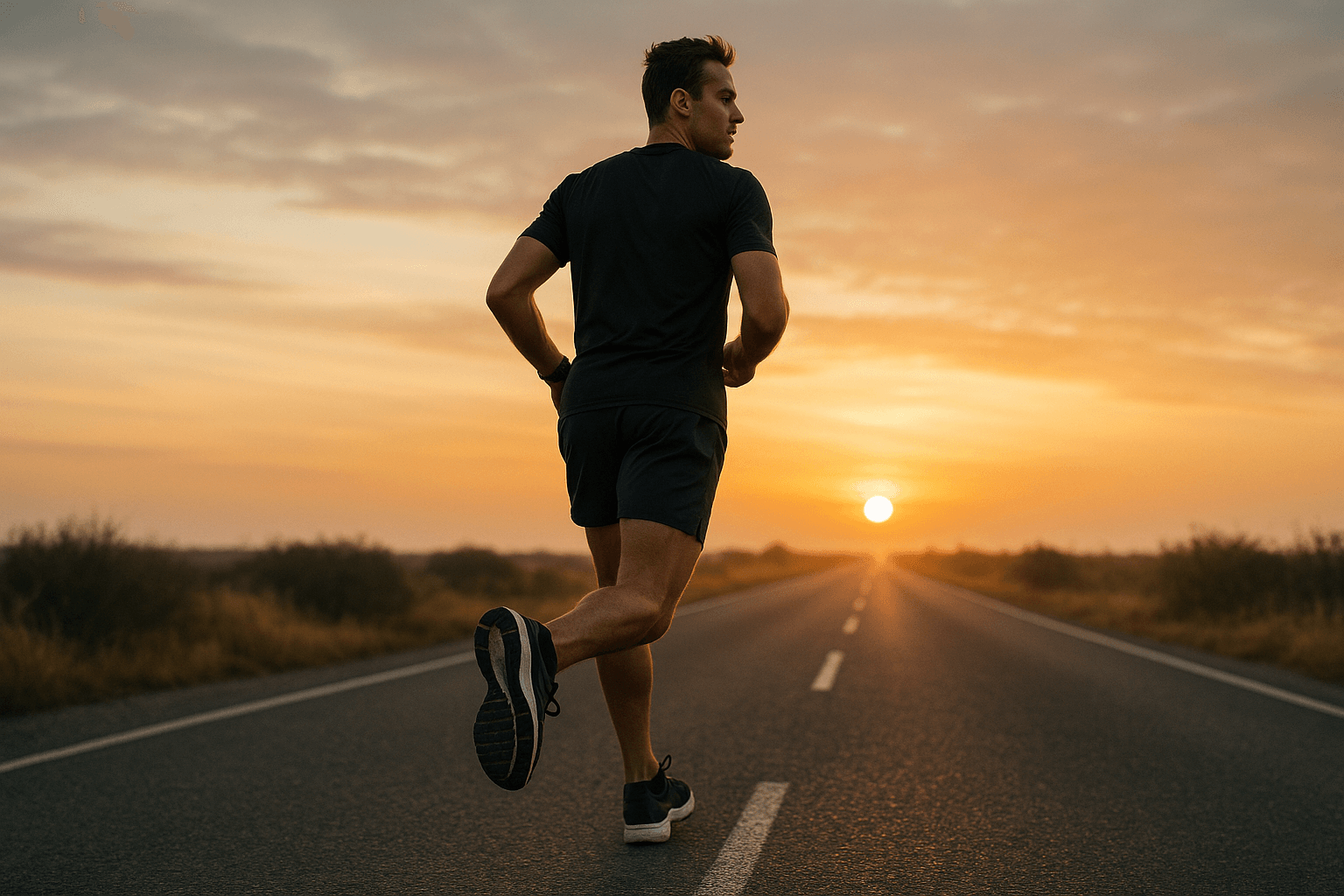 A man jogs along a road at sunset, surrounded by a colorful sky filled with orange and pink hues.
