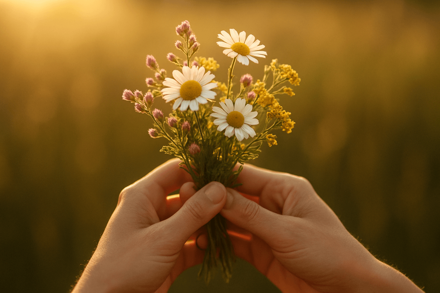 A person stands in front of a field, holding a colorful bouquet of flowers.