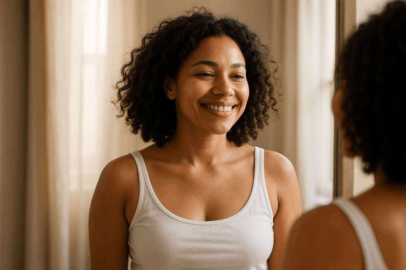 A woman smiles happily while looking at her reflection in a mirror.