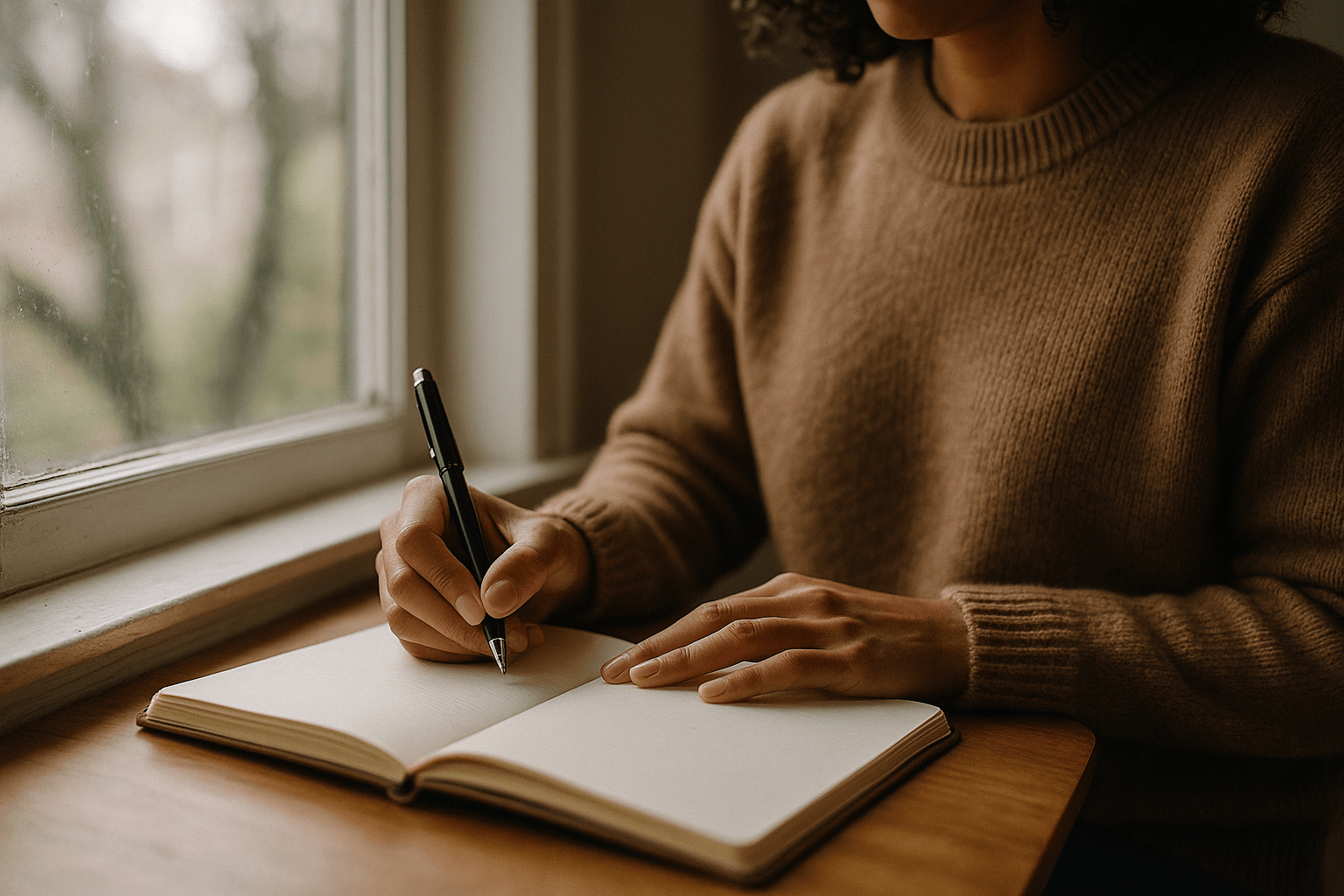 Woman sitting at a table, writing in a notebook with a pen, focused on her task.