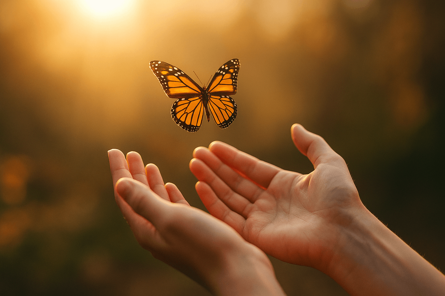 A person gently holding a colorful butterfly in their hands, showcasing its delicate wings.