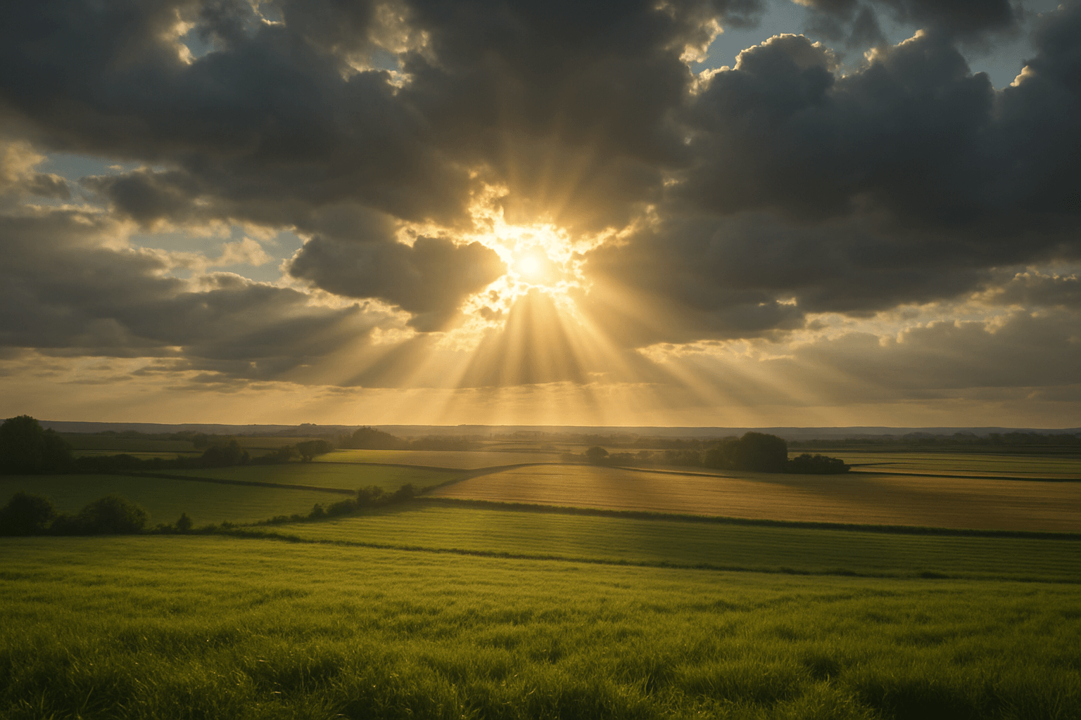  A field illuminated by sun rays breaking through the clouds above.