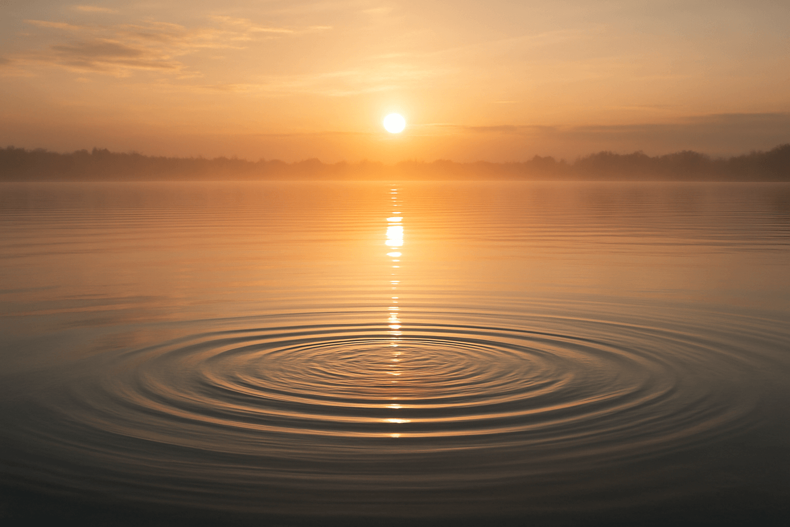 A sunset casts warm colors over rippling water, creating a serene and tranquil scene.