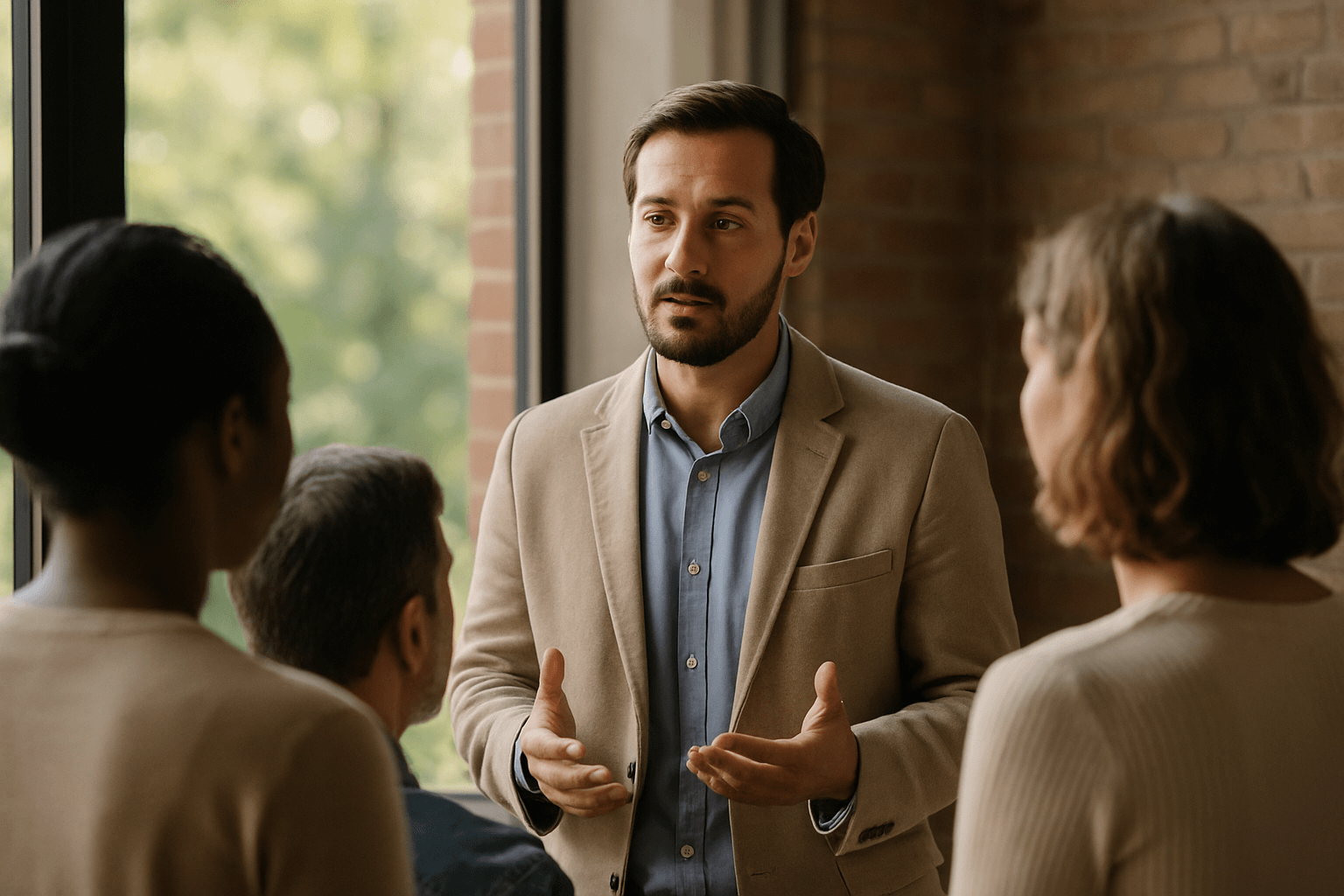 A man converses with coworkers in an office, sharing ideas during a team meeting.