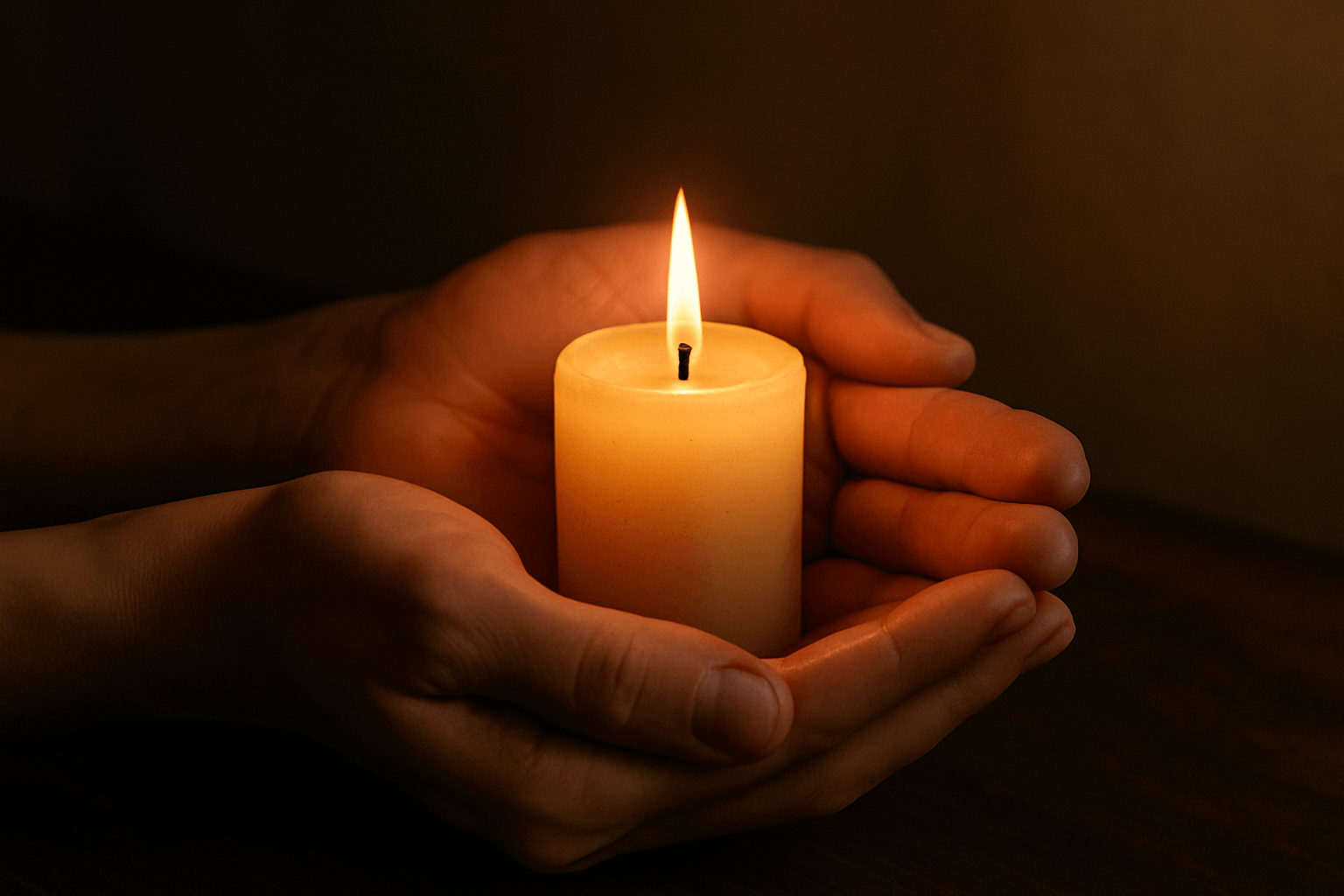A close-up of a person holding a lit candle, with soft light reflecting on their hands.