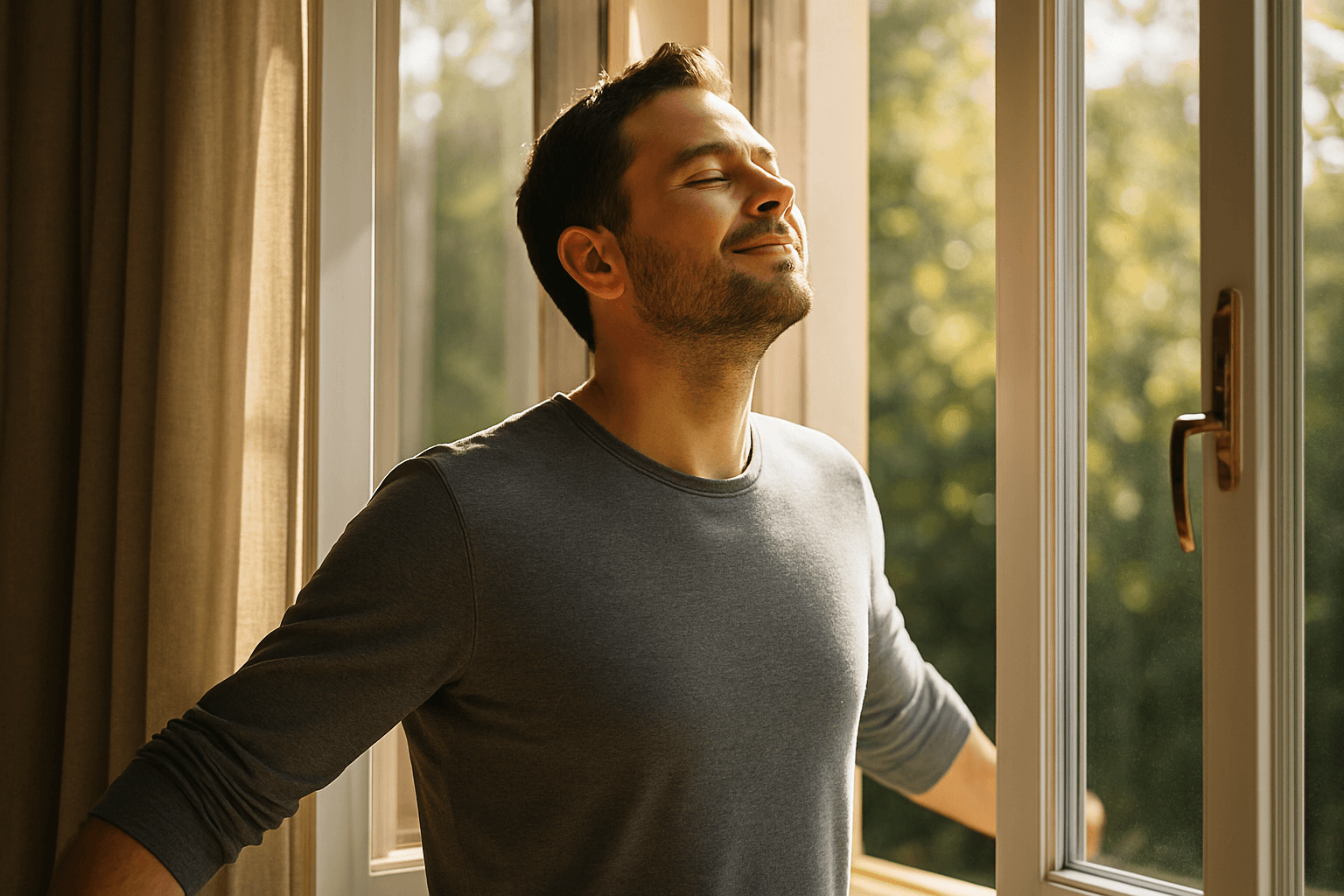 A man stands by a window, eyes closed, lost in thought as natural light filters through.