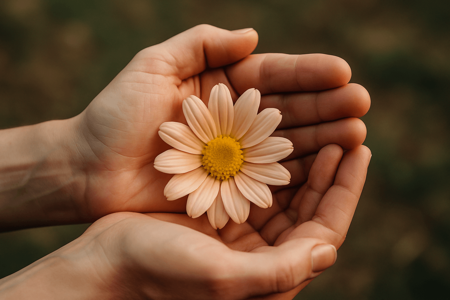 A close-up of a person’s hand holding a single daisy flower, highlighting its white petals and bright yellow center.