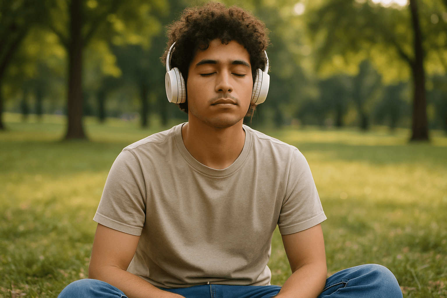 A man sits in the grass wearing headphones, enjoying music or a podcast in a peaceful outdoor setting.