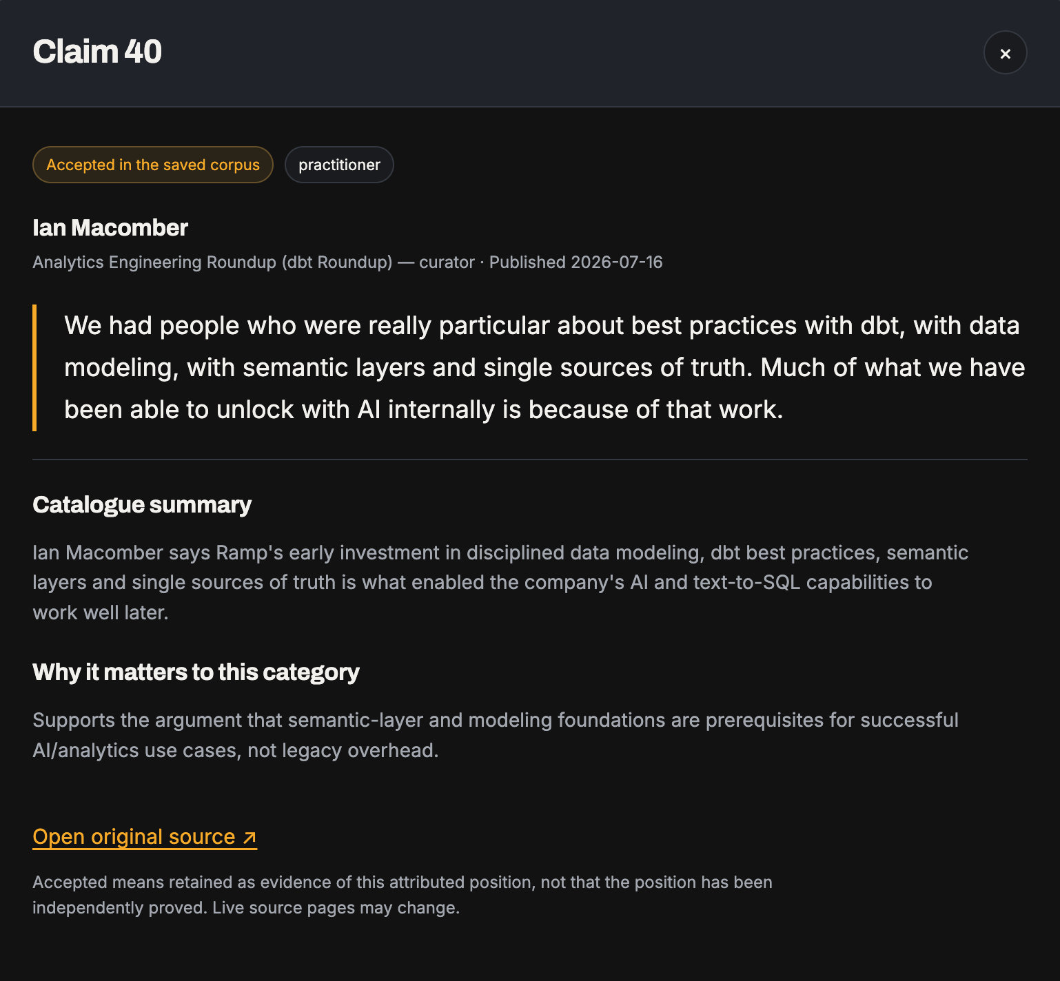 A saved claim attributed to Ian Macomber, with its source quotation and catalog summary