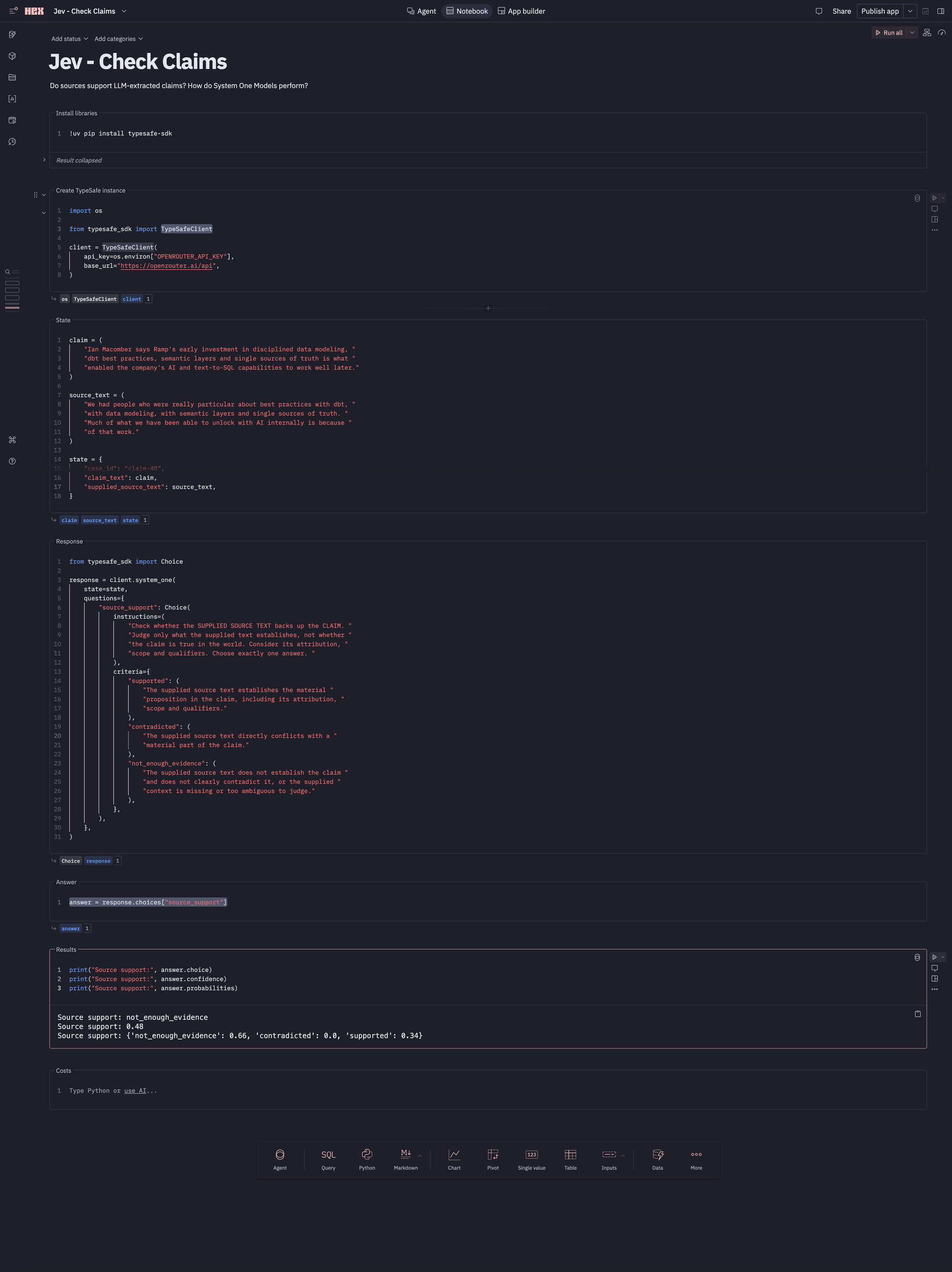Hex notebook showing the claim, supplied passage, Choice question, and Jev response