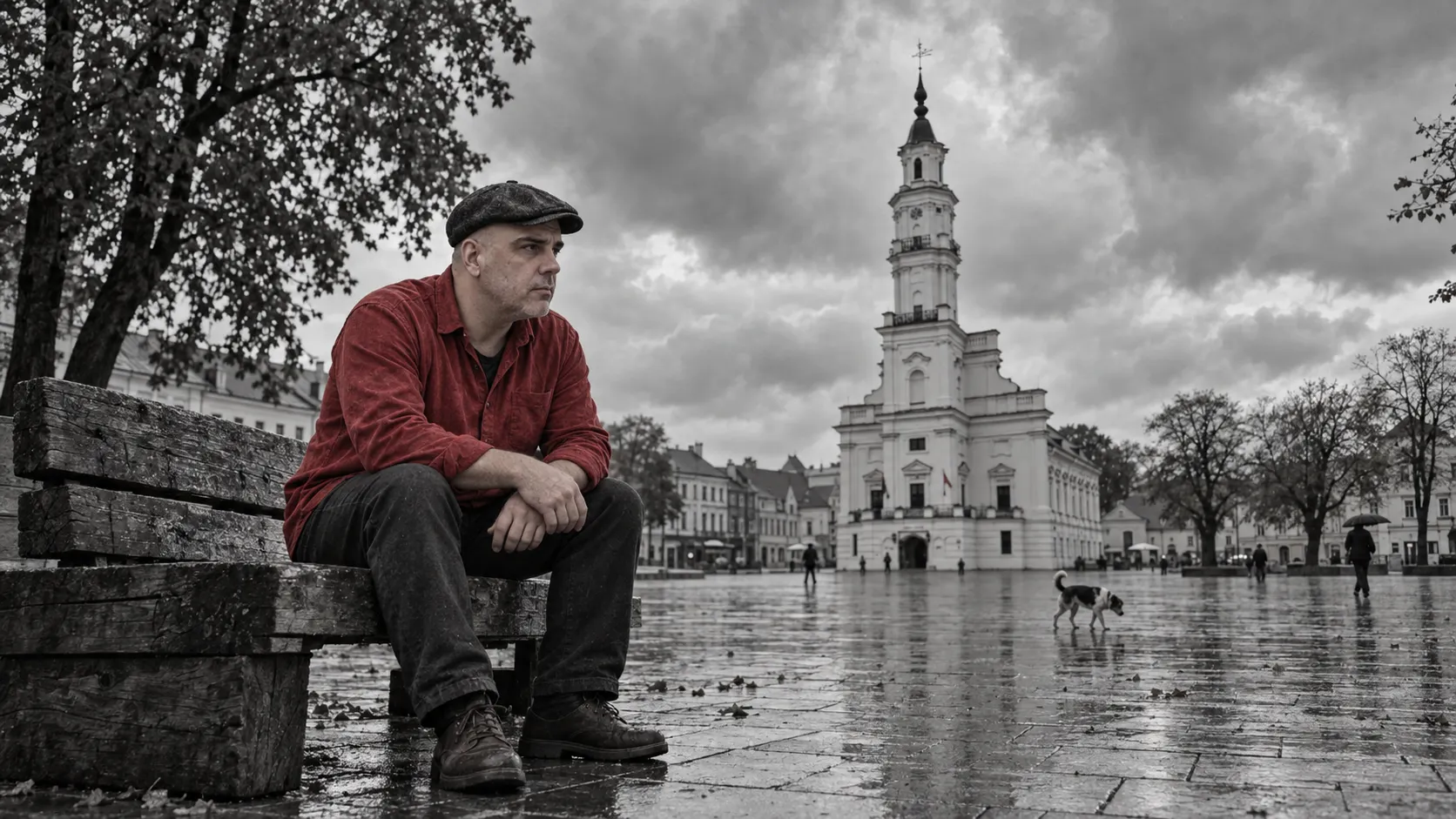 Evaldas su kaimiška kepure ir raudonais marškiniais sėdi ant grubaus medinio suoliuko lietingoje Kauno Rotušės aikštėje; virš rotušės slenka debesys, netoliese eina šuo.
