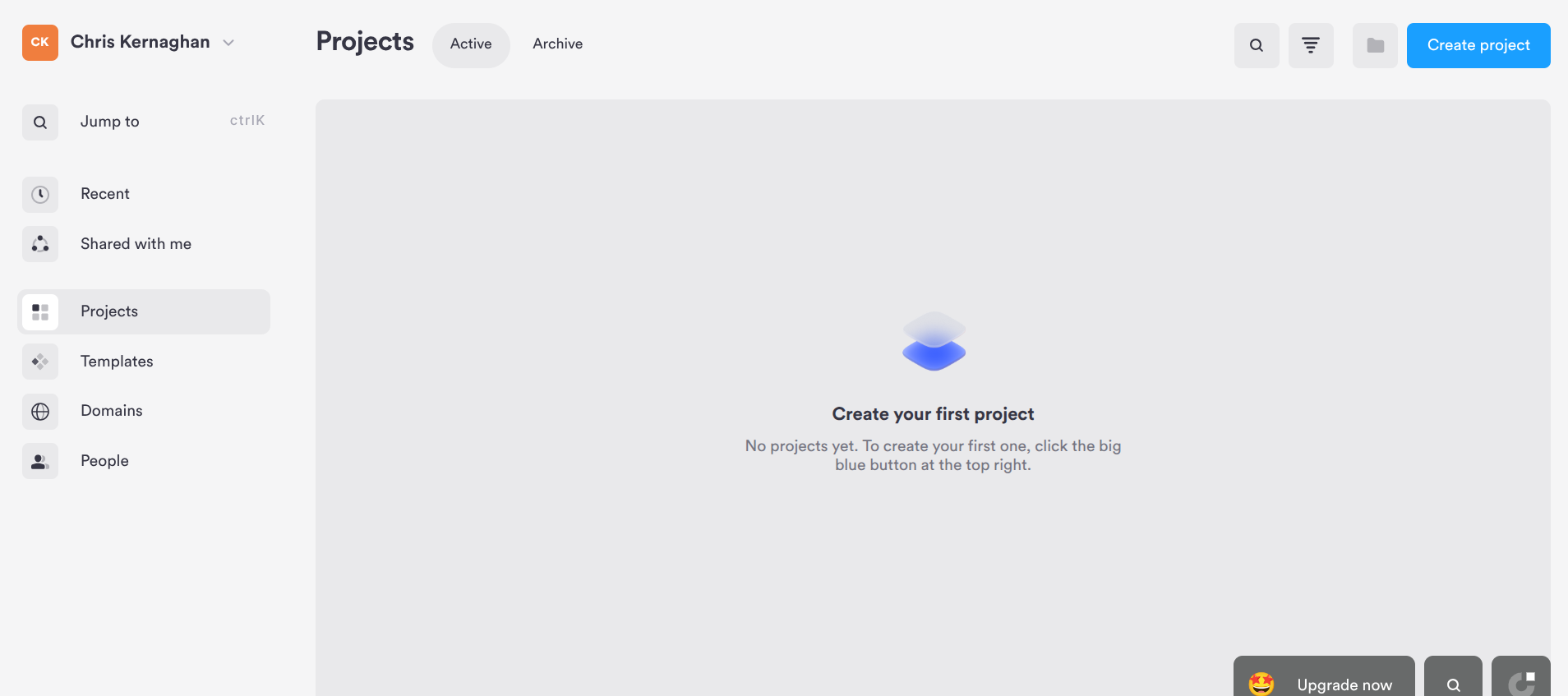 Onepage Projects dashboard before creating the test page