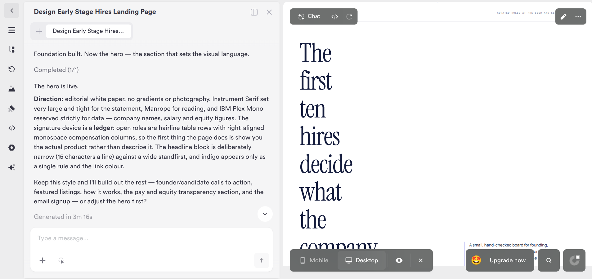 Onepage AI Copilot showing the first generated hero and its explanation