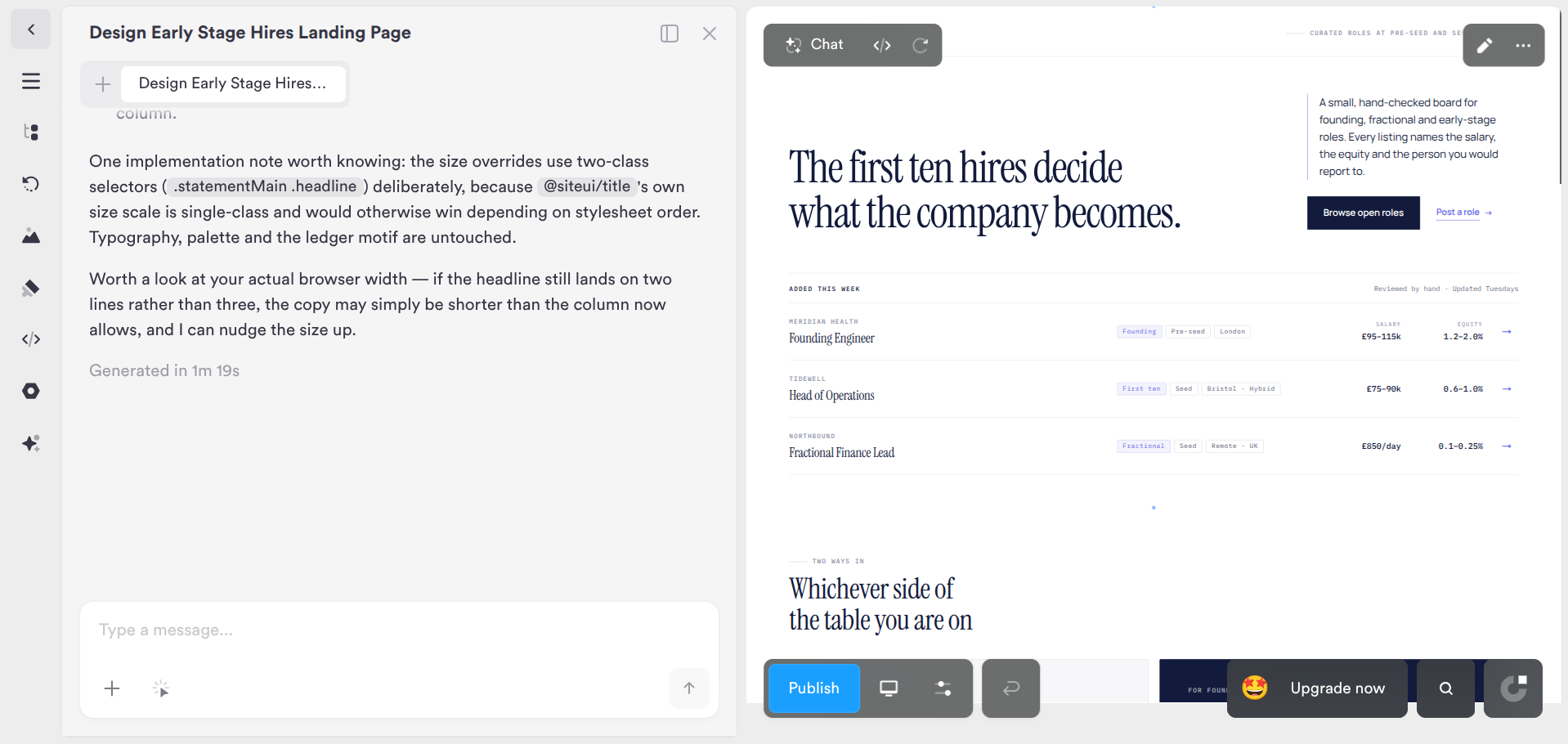 Revised Onepage landing page with a balanced headline and job listings