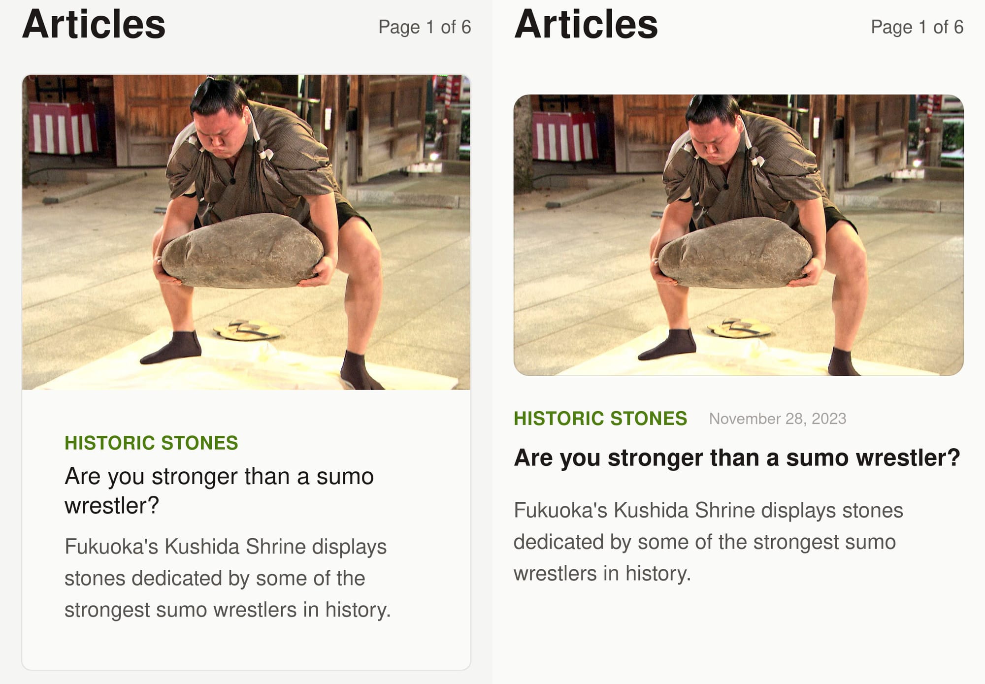 "Before", left, shows the old light-mode card. "After", right, shows the new light-mode card. 